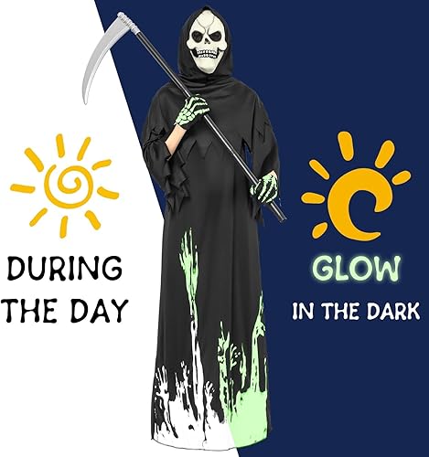 Miniatura 2 de ThinkMax Disfraz de parca de Halloween para niños, disfraz de fantasma de Halloween que brilla en la oscuridad, con guadaña, máscara de calavera y