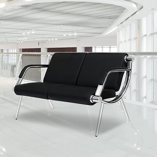 Miniatura 2 de kinbor Sillas de piel sintética para sala de espera, banco de 2 asientos para recepción de invitados con brazos para aeropuerto, hospital, oficina,