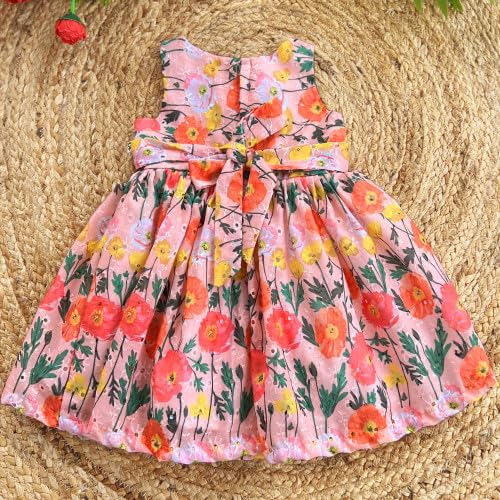 Image of Stanwells Kids Dress for Girls Heart Embroidery Pattern Knee Length Applique Kerala Ethnic Cotton Frock for Baby Girls Zipper Cap Sleeve Dress for Girls Cream & Red (6 Months - 7 Years)