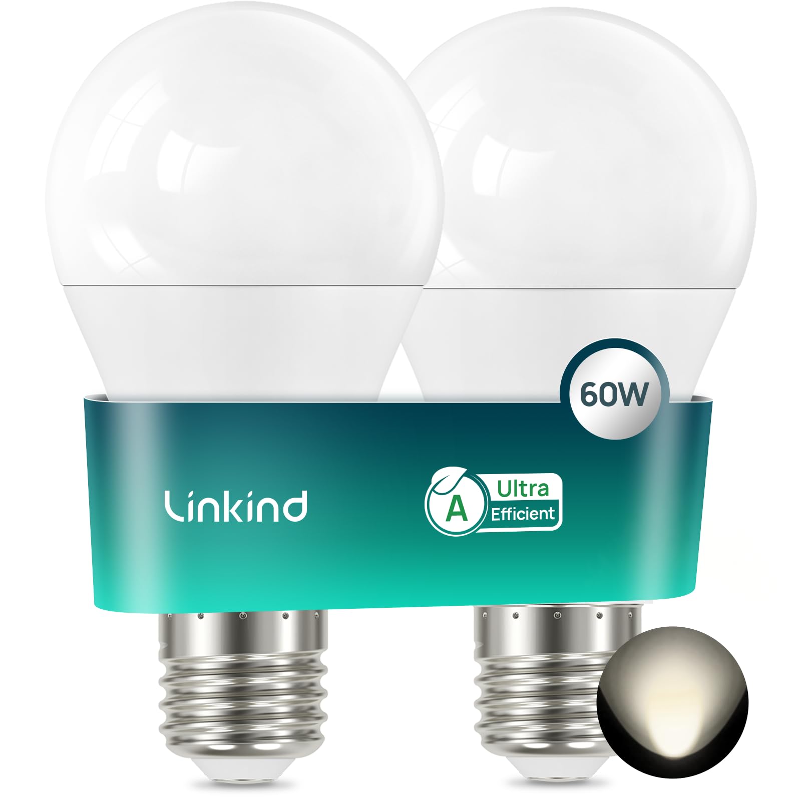 Linkind LED E27 Edison Lampe, 3,8W=60W, A-Label, 4000K Neutralweiß, 806Lm A60 Glühbirne von 220°, Ultra-effiziente E27 Birne, 50,000 Std. Lebensdauer, Matt, 2 Stück