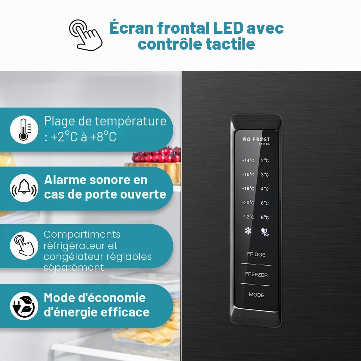 Bomann, KG7358-Noir Réfrigérateur et Congélateur 362L Noir, Système MultiAirflow, Total No Frost, Écran LED Tactile, Économie d'Énergie, 237L Réfrigérateur + 125L Congélateur, 39 dB, 180x79x62 cm