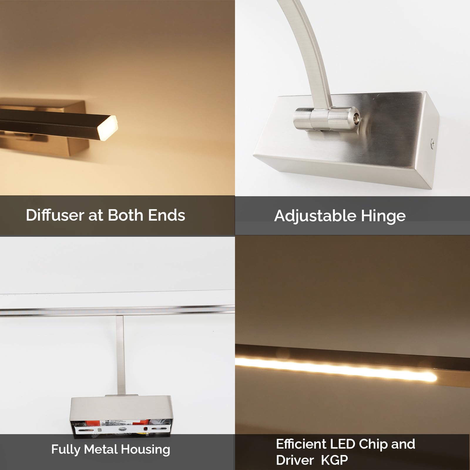 Alpinaluz Aplique de Pared LED para Iluminación de Cuadros, Espejos y Muebles, 8W, 45cm, Luz Cálida 2700K, Ángulo Ajustable, Acero con Acabado Níquel Satinado, Driver KGP Integrado