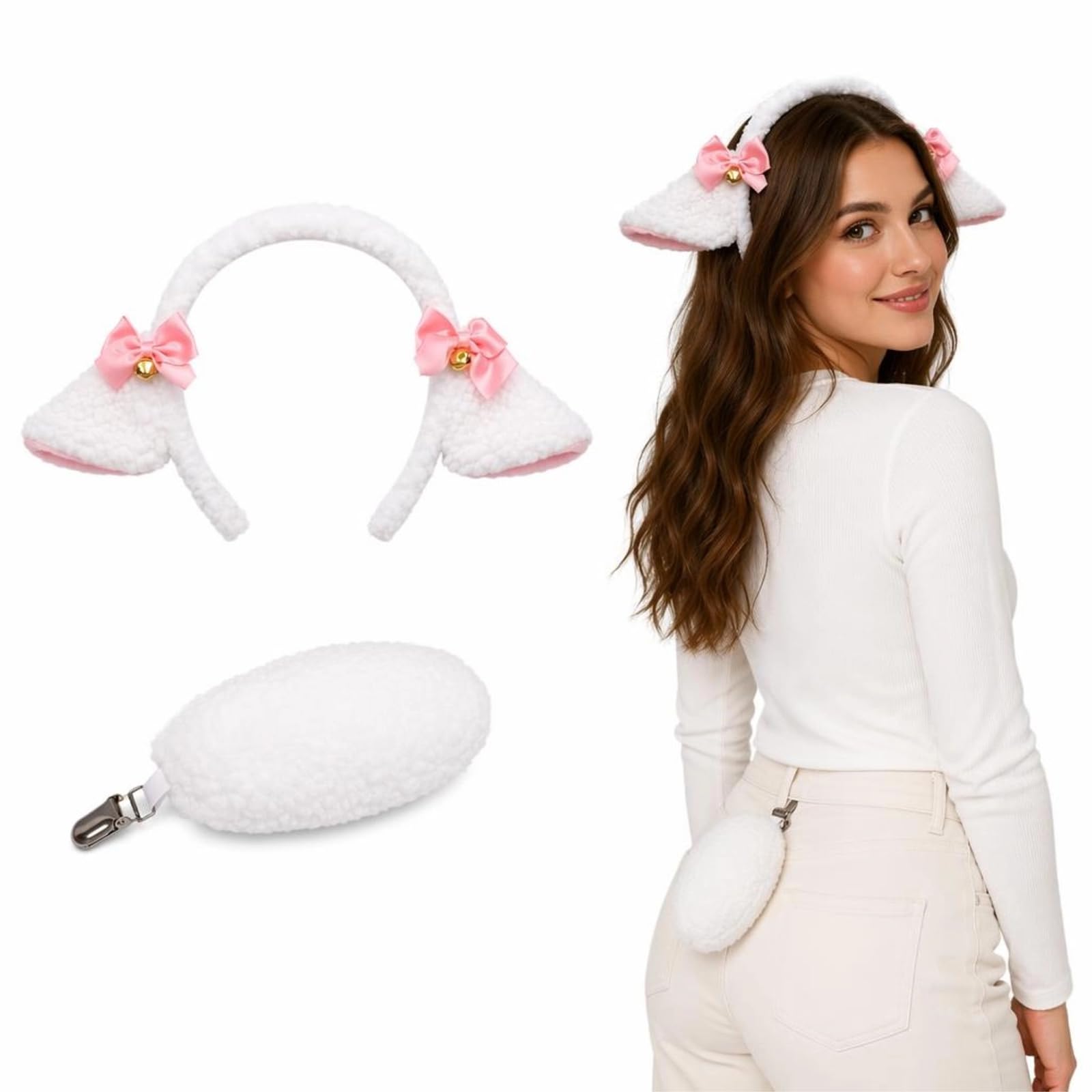 Riewy 2Pcs Lamb Sheep Ears Headband and Tail Set - Furry Lamb Sheep Costume