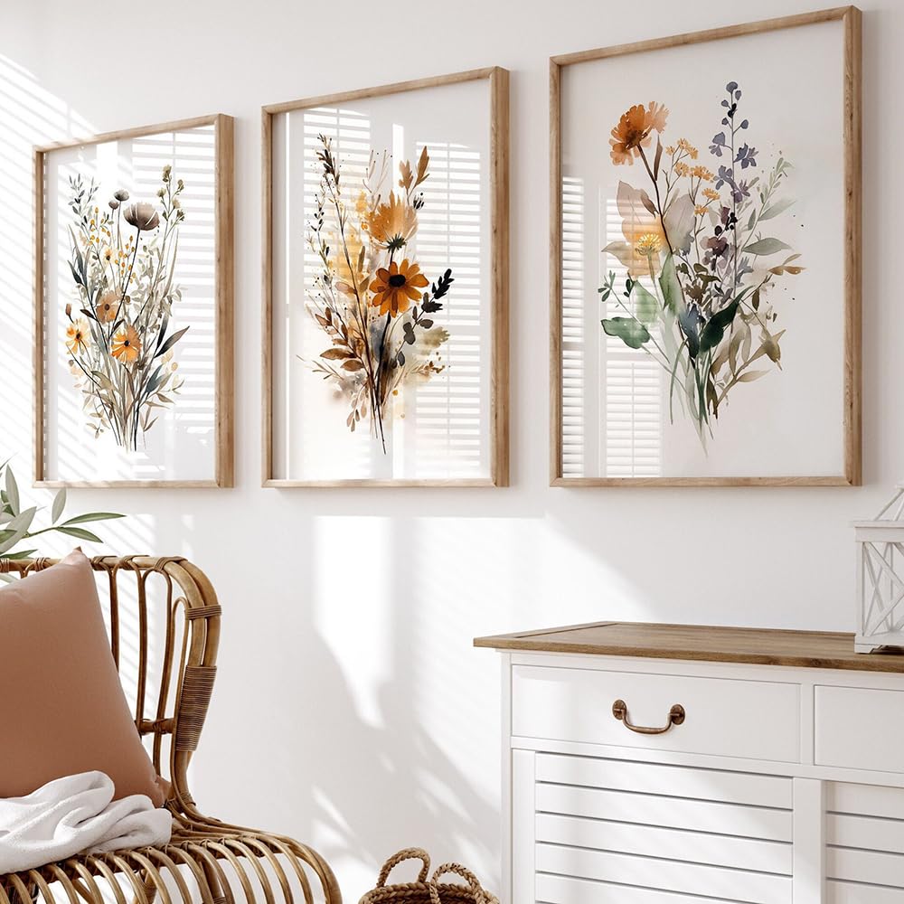WBYZAC Wall Pictures-Neutral Abstract Watercolor Wildflower Flower Poster Colorful Floral Prints Plant Wall Art Canvas Painting Wall Picture Living Room Decor-30 * 50cm*3PCS (No Frame)