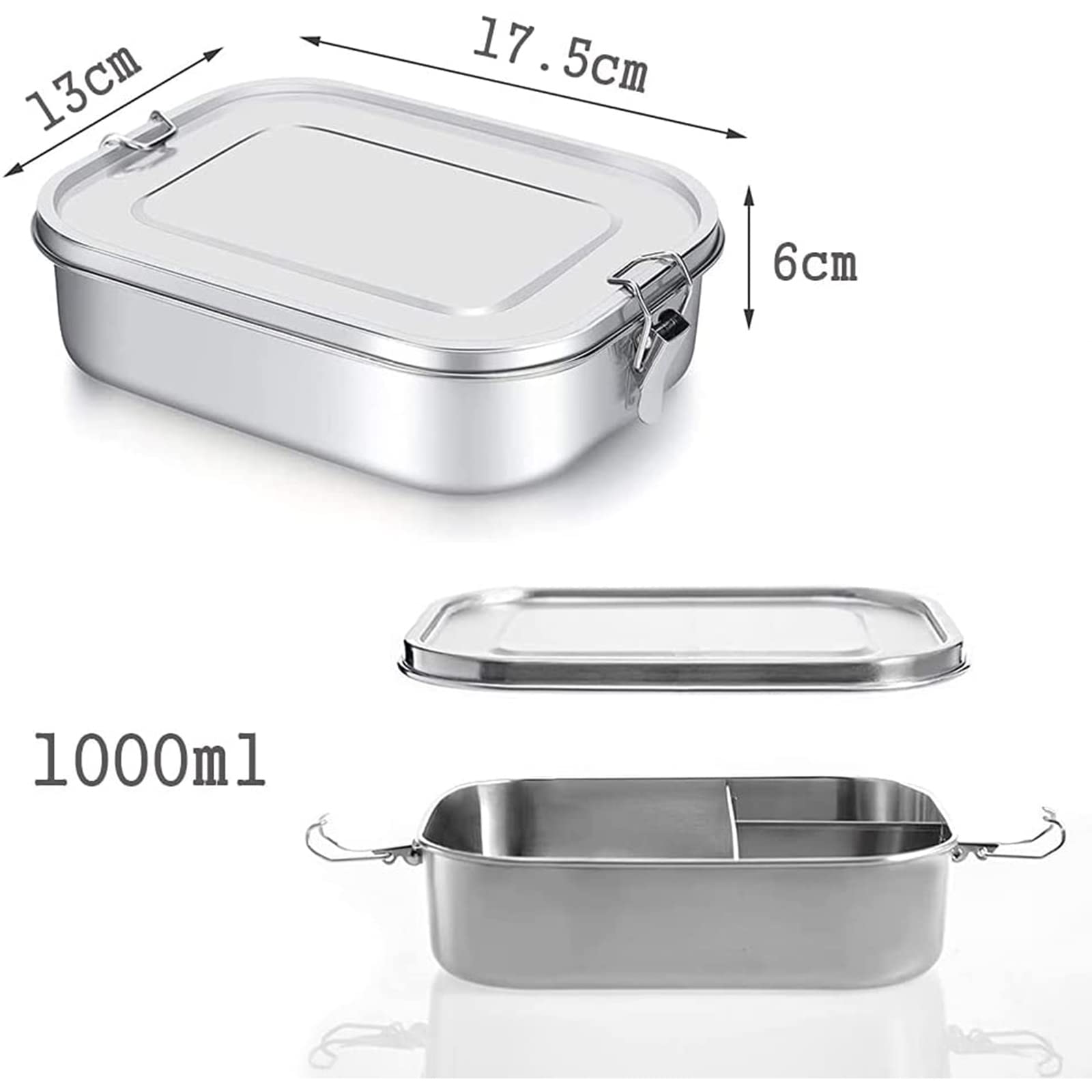 Roestvrijstalen broodtrommel, 1000 ml, broodtrommel met vakken, kinderen, school, lunchbox, Bento Box, voor kinderen, volwassenen, boterbroodtrommel, snackbox voor werk, wandelen, lekvrij, groot