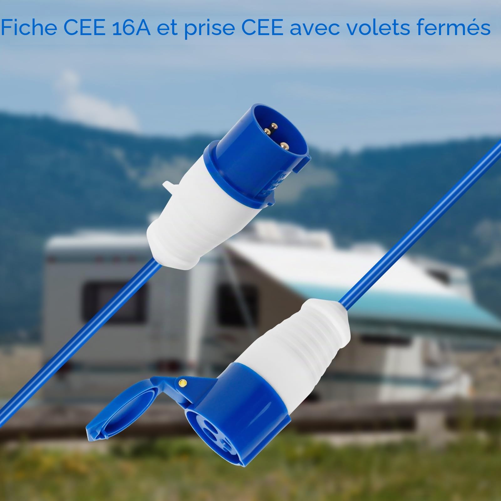 Rallonge CEE 10 m, 230 V, 16 A, ultra sûre, robuste, câble de caravane, câble de camping H07BQ-F de couleur de signalisation bleu, IP44, câble d'alimentation de force pour camping-car, camping