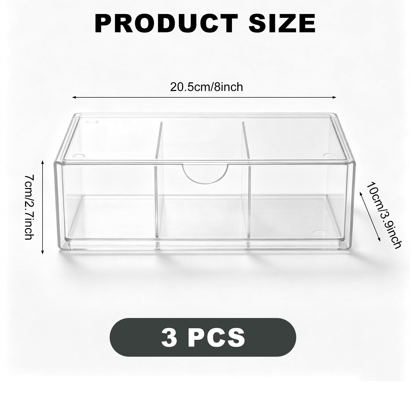 Set di 3 contenitori in acrilico con cassetto, impilabili, 20,5 x 10 x 7 cm, scatola trasparente con divisori rimovibili, per gioielli, capsule di caffè, prodotti sanitari, ufficio