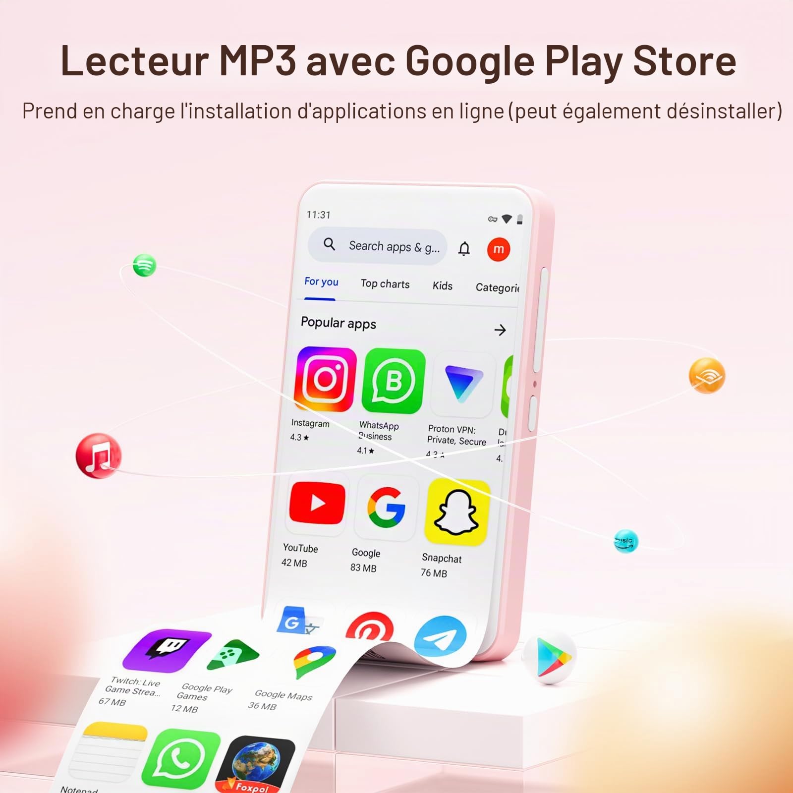 Lecteur MP3 avec Bluetooth et WiFi, Lecteur MP3 Portable Oilsky 80GB avec Spotify, Audible, Deezer, Lecteur MP4 à écran Tactile 1080P de 4 Pouces, Android 9.0 (Rose)