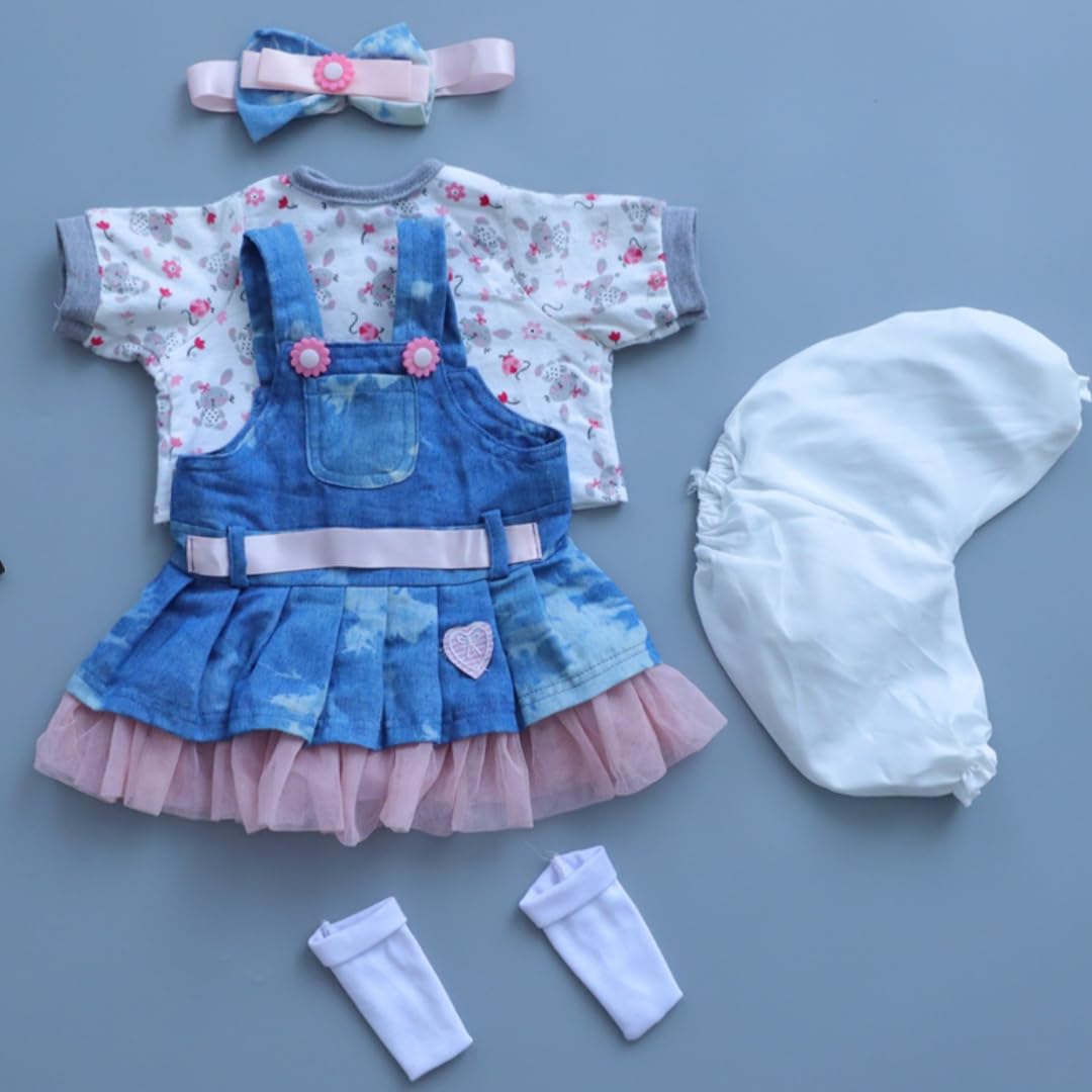 Reborn Baby Dolls Clothes Accessories Outfit for 17-22 Inch Reborn Newborn Baby Girl Clothing Super Denim Skirt 5pcs Set