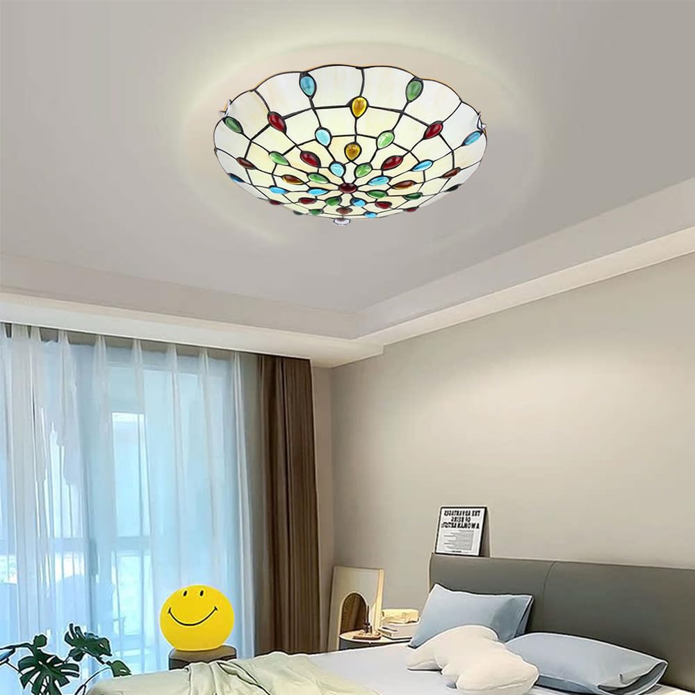 Chao Zan Tiffany Style Ceiling Light, Victorian Stained Glass, Semi-Flush Mount, Multicoloured Floral Design,Retro Lighting Fixture E27 Bulb,Bedroom/Dining Room/Entryway/Living Room/Kitchen (D:40CM)