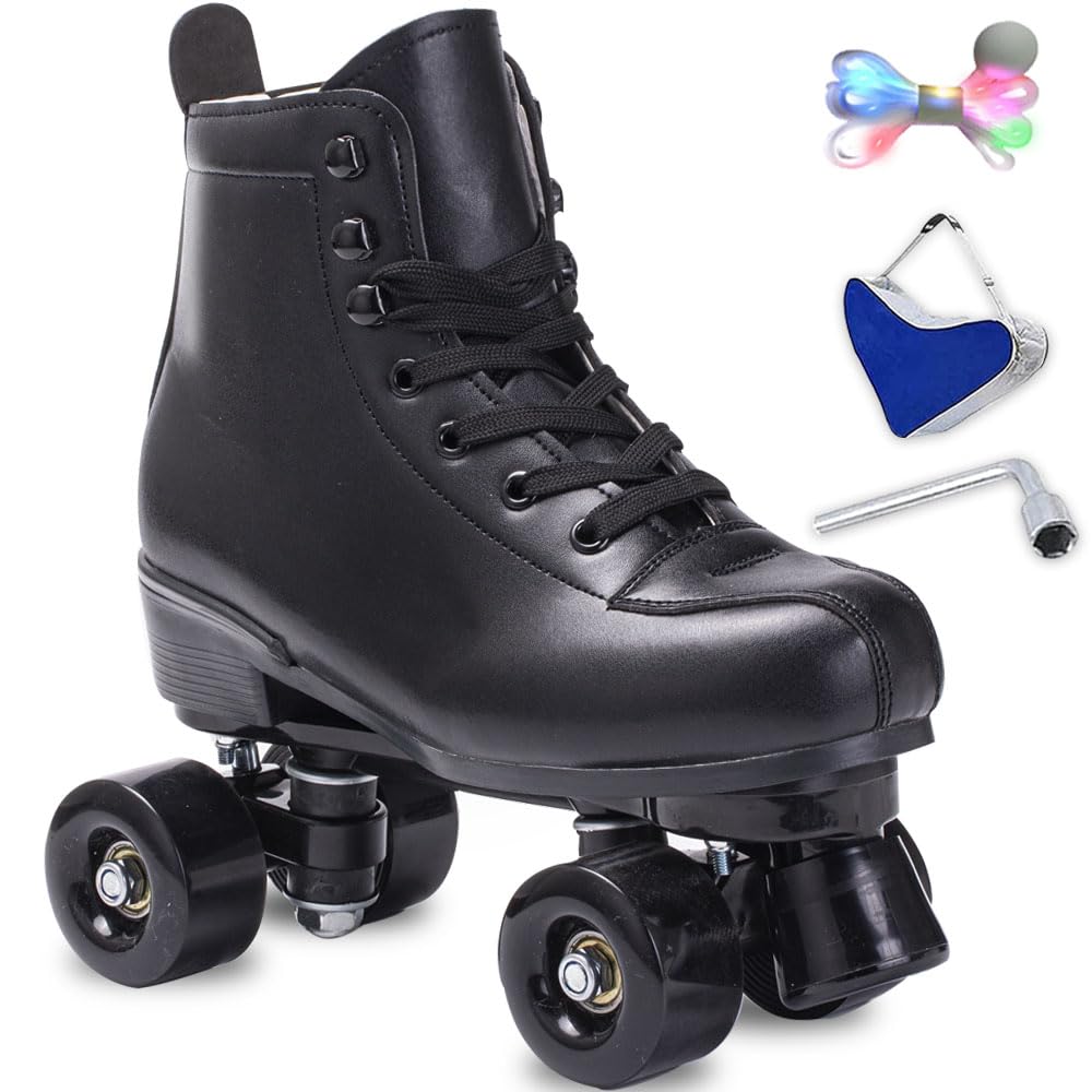 Roller Skates Women Men High-Top PU Leather Roller Skates Classic Double-Row Roller Skates Outdoor Indoor Quad-Skates with Light up Shoe Laces (Black Black Wheel, 45-US Men 11= Women 12)