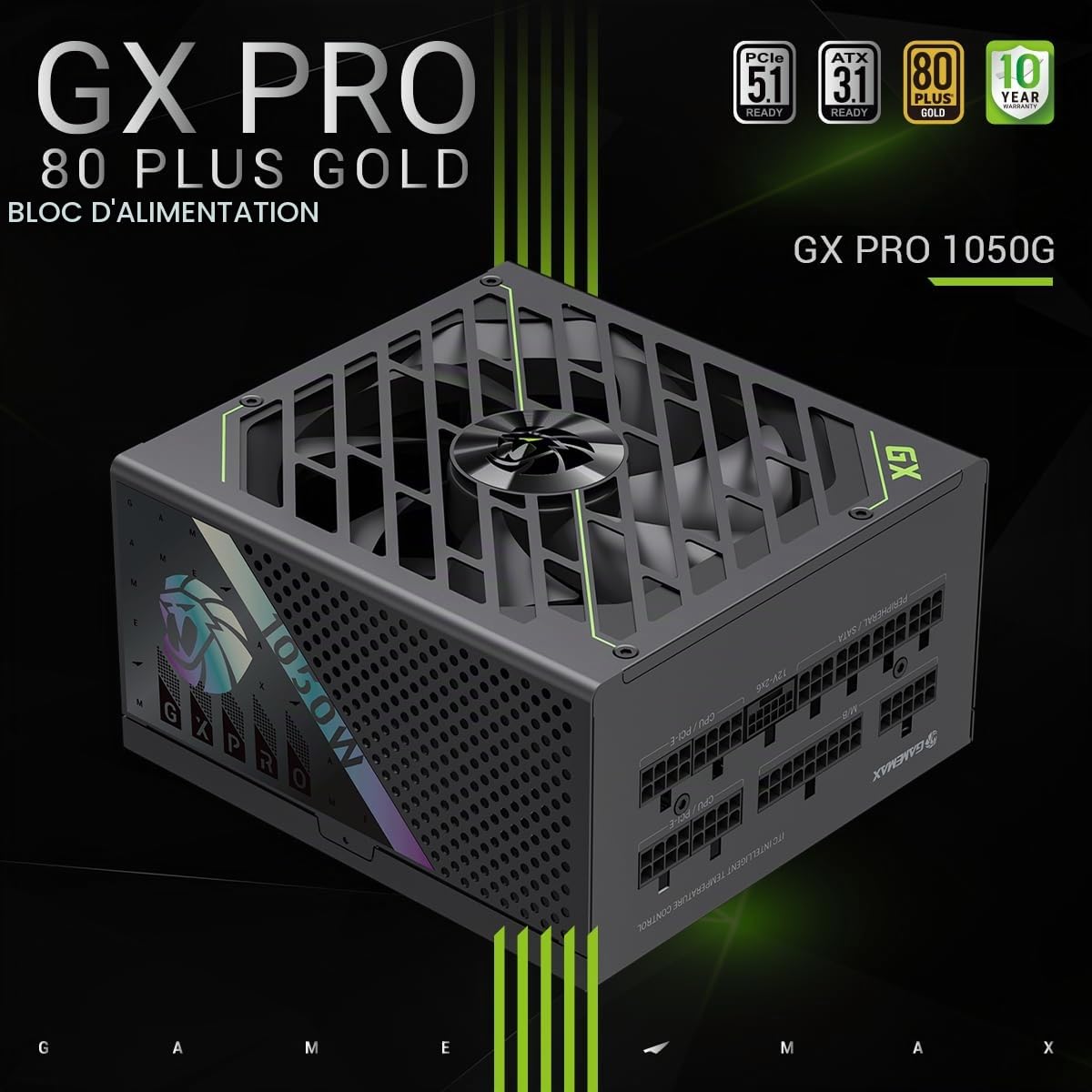 GAMEMAX GXPRO 1050G Alimentation PC 1050W, Totalement Modulaire, Compatible ATX 3.1 et PCIe 5.1, 80 Plus Platinum, Câble 12V-2×6 Inclus, Condensateurs Japonais 105°C, Garantie 10 Ans