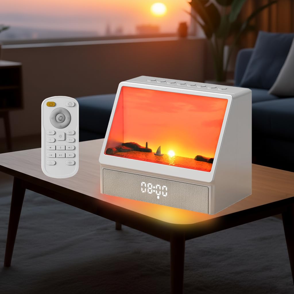 Despertador Simulador Amanecer Solar, Lampara Despertador Luz Natural Maquina Ruido Blanco con 7 Modos, 12 Sonidos Naturales, Altavoz y Control Remoto, Sunrise Alarm Clock Regalos para Dormitorio
