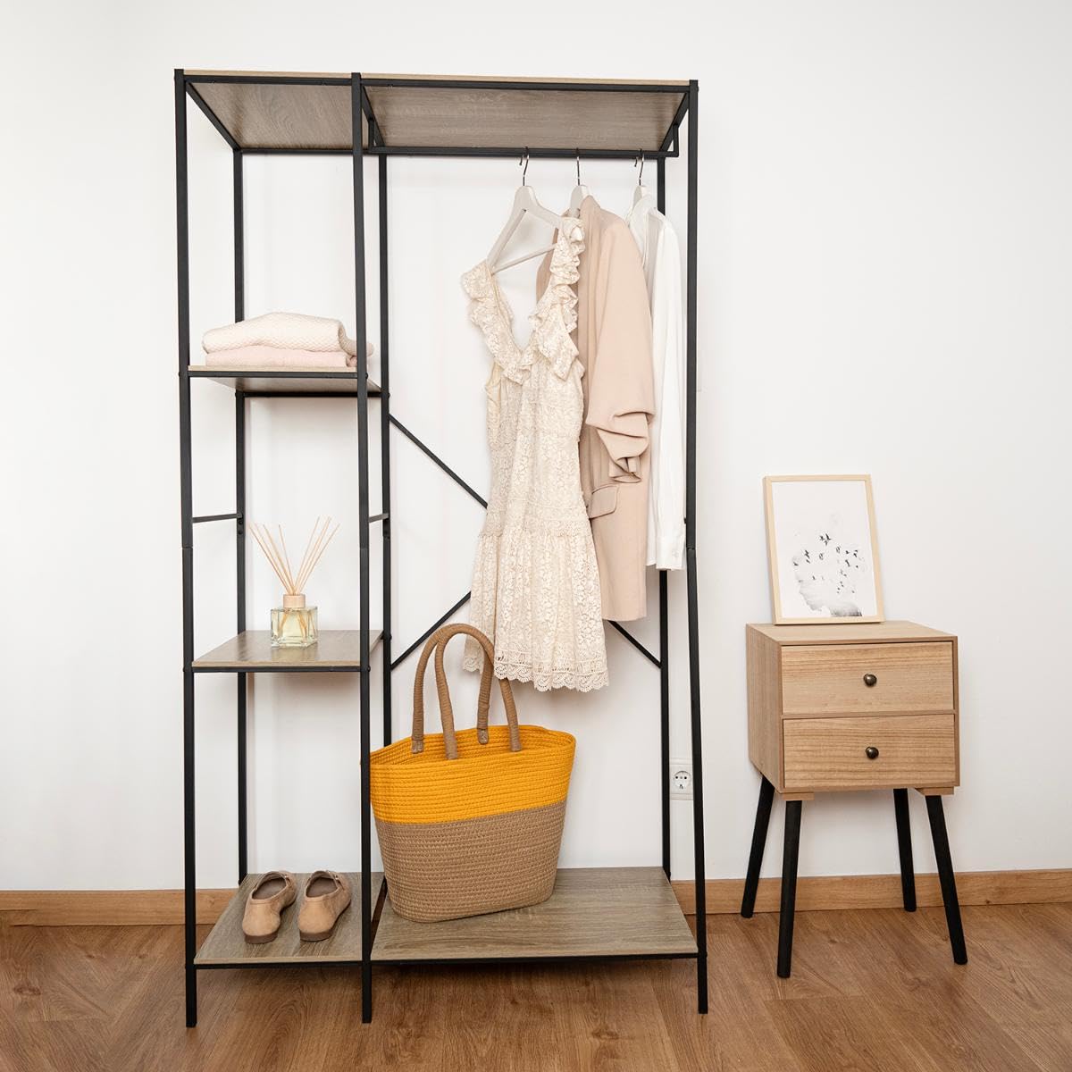 Perchero Con Estanterías Acero y Madera Moa de Hierro 90x40x165cm | Negro, Hierro, 90x40x165cm