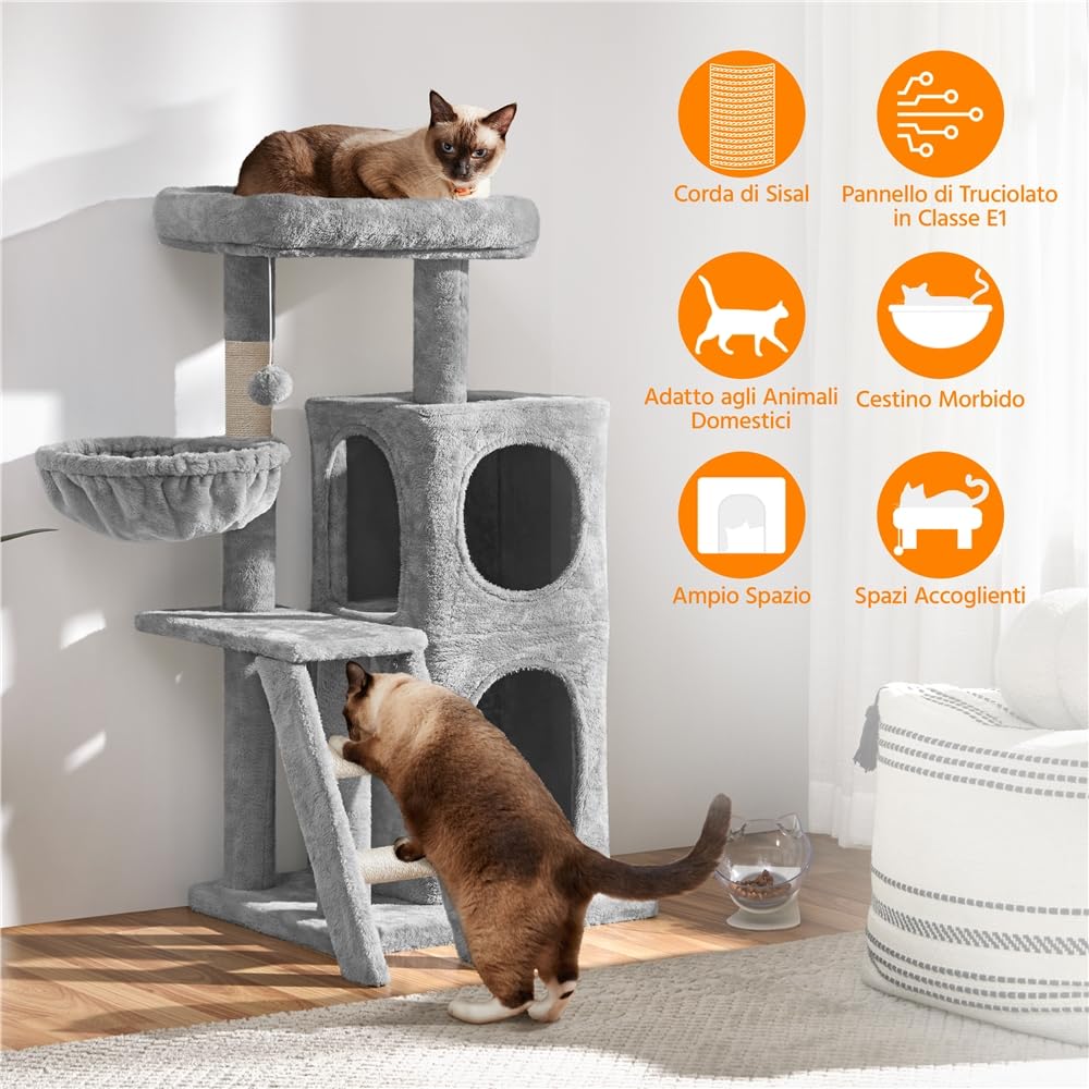 Yaheetech Albero Tiragraffi per Gatti 94 cm in Sisal e Truciolato Posatoio Piattaforma Cesta Scala Torre Gioco Grigio Chiaro
