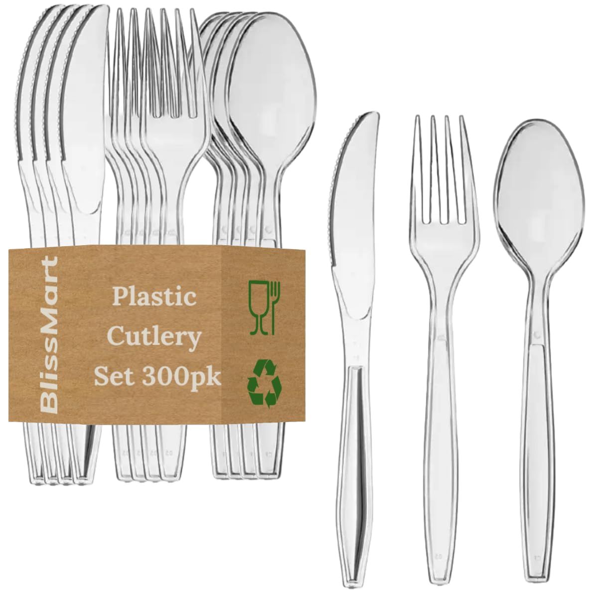 BlissMart 300 Pcs Heavy Duty Clear Plastic Cutlery Set Premium Quality Washable & Reusable 100 Spoons, 100 Forks, 100 Knives Set Perfect for for All Occasion Birthday Parties Weddings Camping