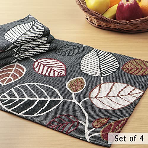 Image of HOKIPO Cotton Jacquard Dinner Table Placemats Set of 4 (12x18 Inches) (IN-530-D5*4) Grey Leaves
