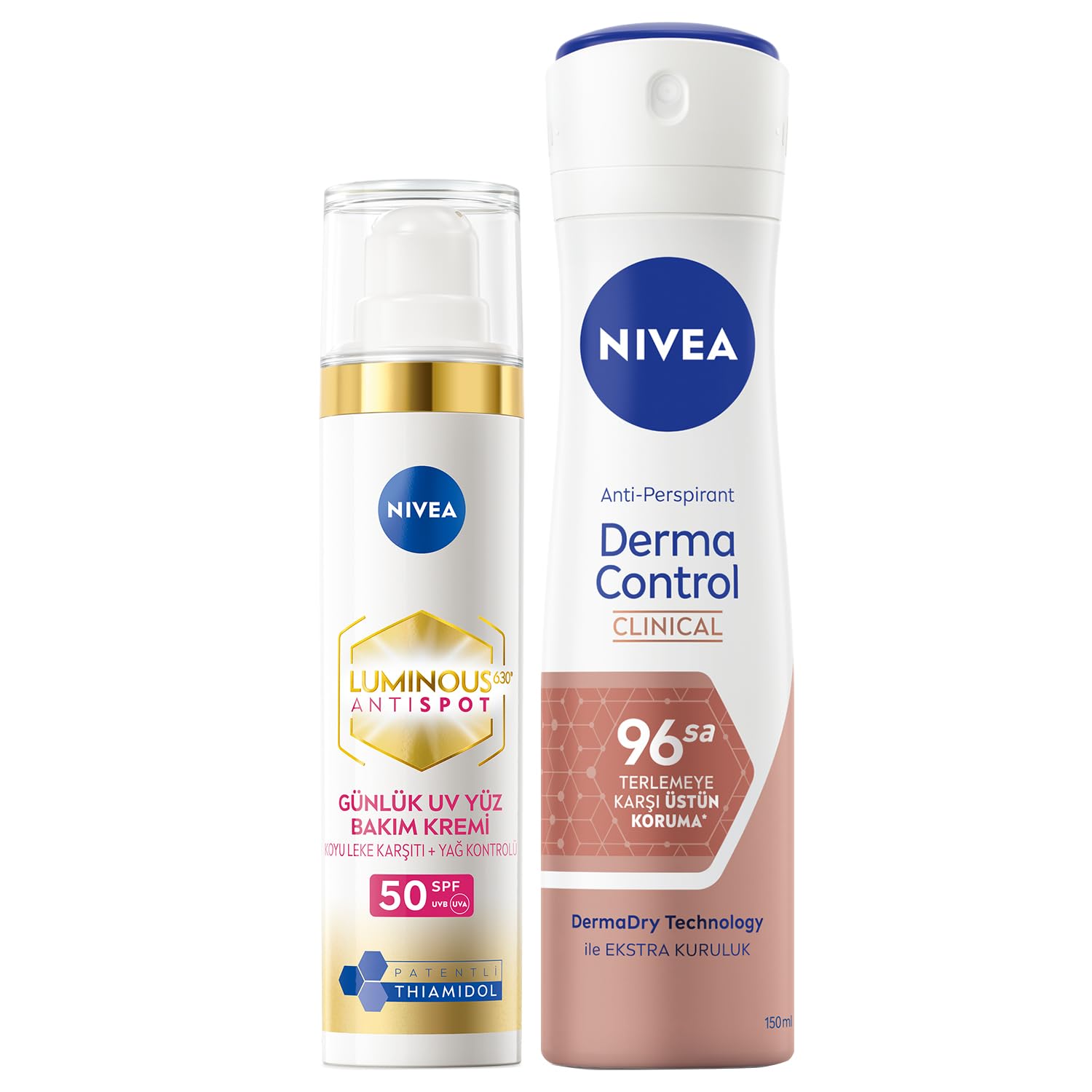 NIVEA Derma Control Clinical Kadın Sprey Deodorant 150ml+ NIVEA Luminous630 Leke Karşıtı Gündüz Bakım Kremi 40ml, SPF50