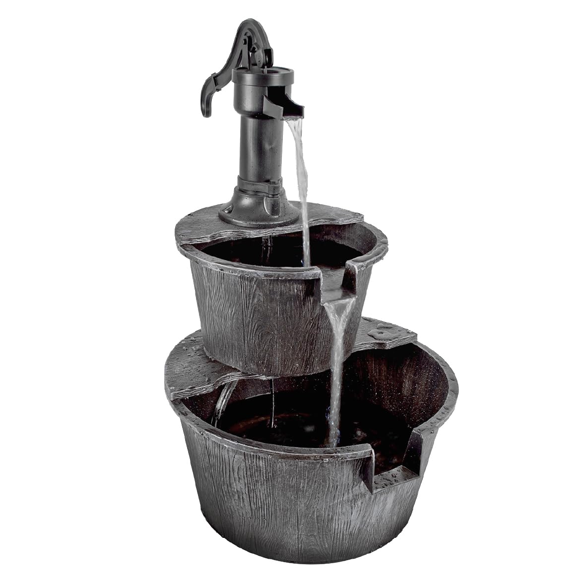 GardenKraft Rustic 2 Tier Garden Water Fountain, Dark Silver, Barrel Style Outdoor Water Feature with Built-In Pump, Weatherproof Finish, Mains Powered, 67 x 41 cm