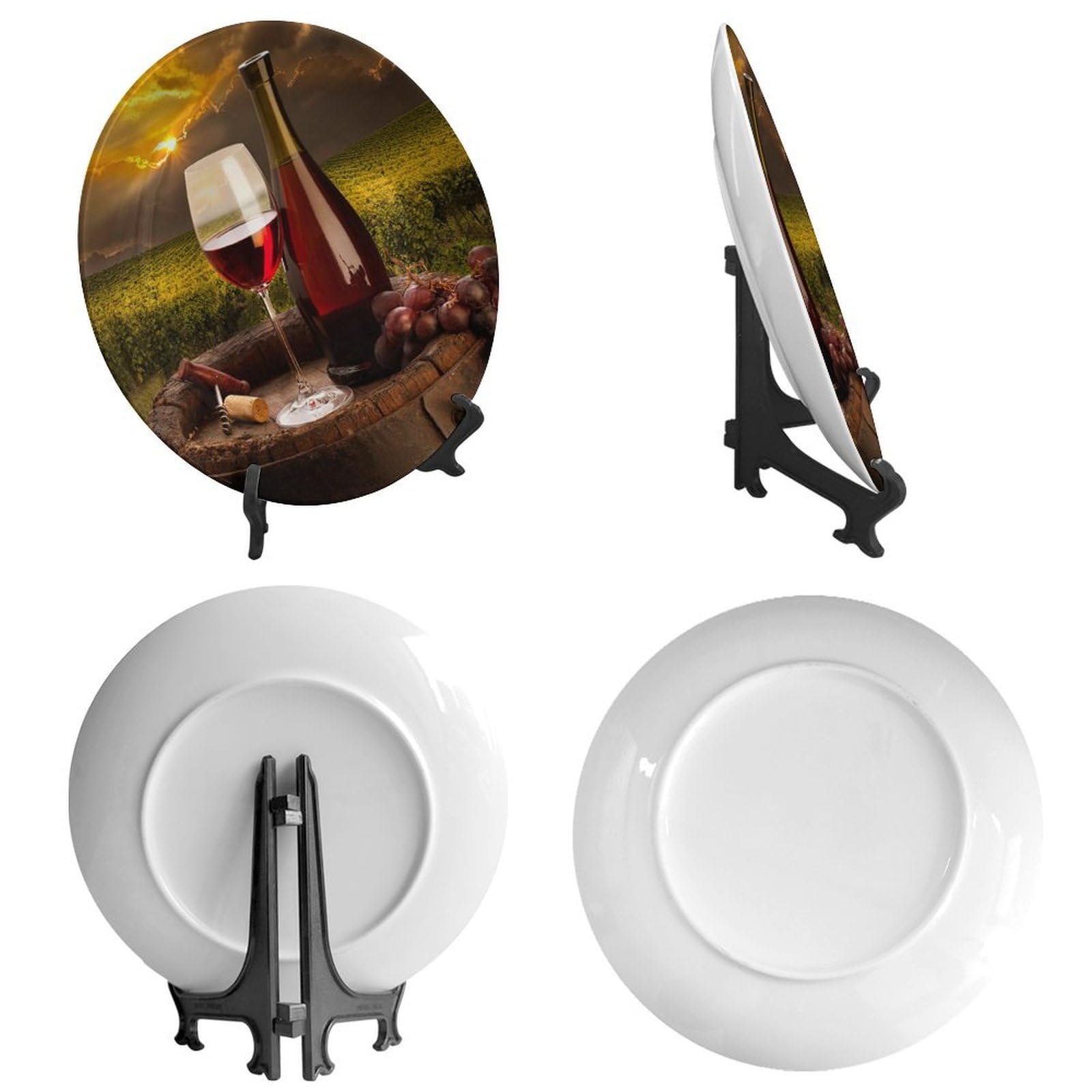 CLAMSUE Wine Bottle Theme Decorative Ceramic Plate, Old Barrels and Vineyards Round Decorative Plate, with Vertical Stand, for Kitchen Dining Room Wine Cabinet Home Art Decor, 8inch