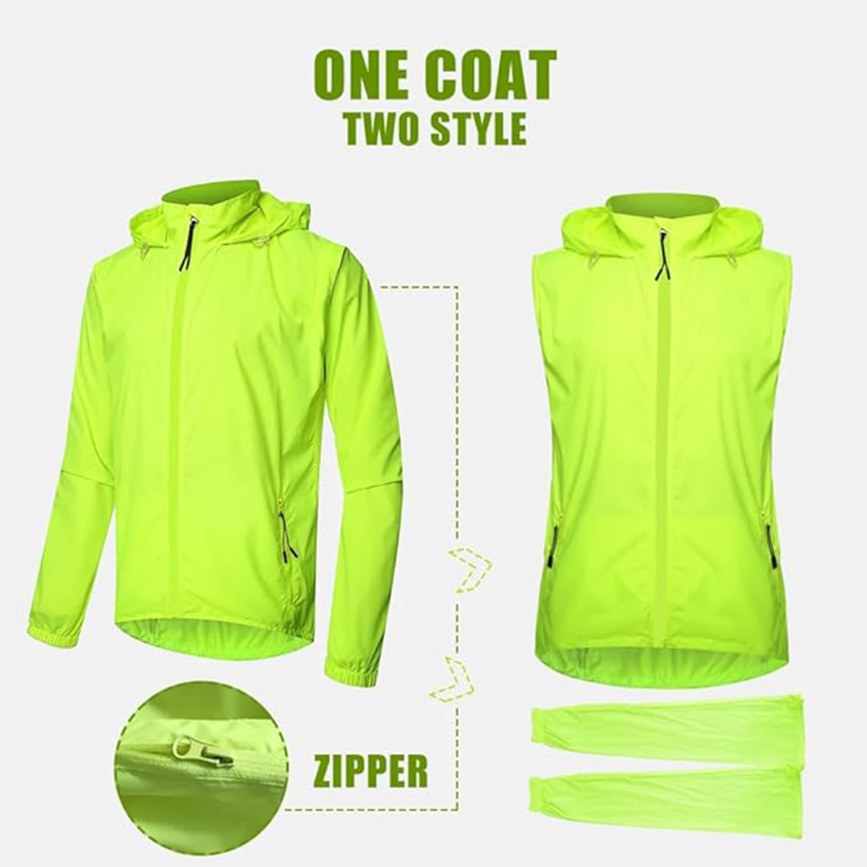 Hombres Mujeres Chaqueta Ciclismo Ultraligera Impermeable A Prueba Viento Jerseys Ciclismo Ligero Transpirable Cortavientos Bicicleta Chaleco Manga Larga Desmontable para MTB,Green-L