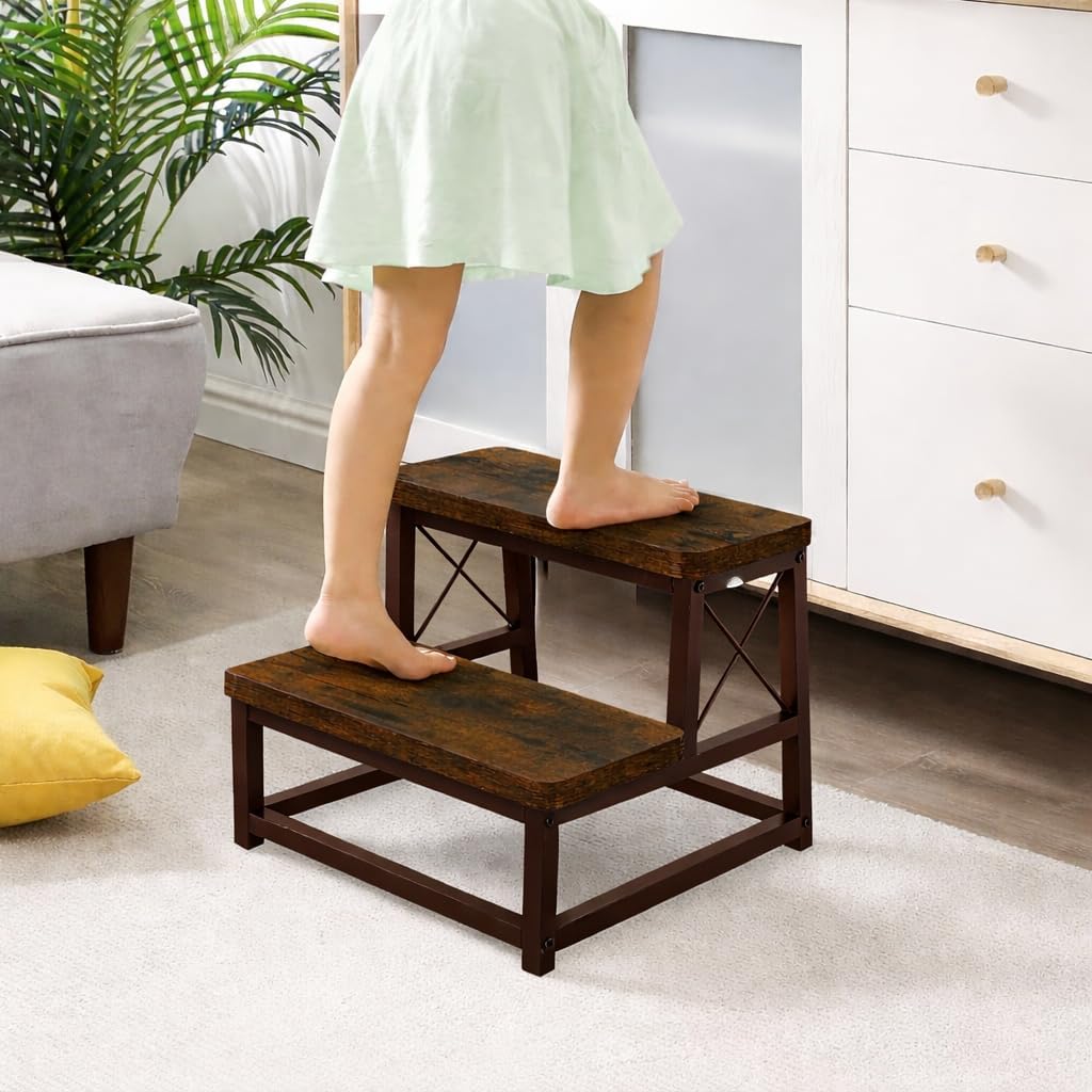 59985 Classic Heavy Duty Wooden Step Stool for Adults, 2 Tier Heavy Duty Step Stool for High Bed with Non-Slip Feet, Using for Bedroom, Living Room, Bathroom and Kitchen - Brown-image-34
