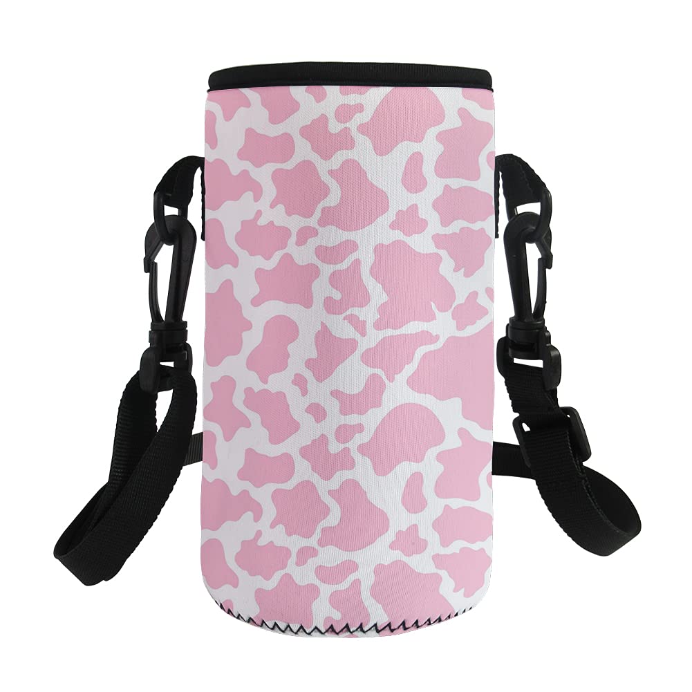 Jeiento Pink Cow Print Stretchy Water Bottle Holder with Adjustable Suspender for School or Work for Girls or Women(1000-1200ML)