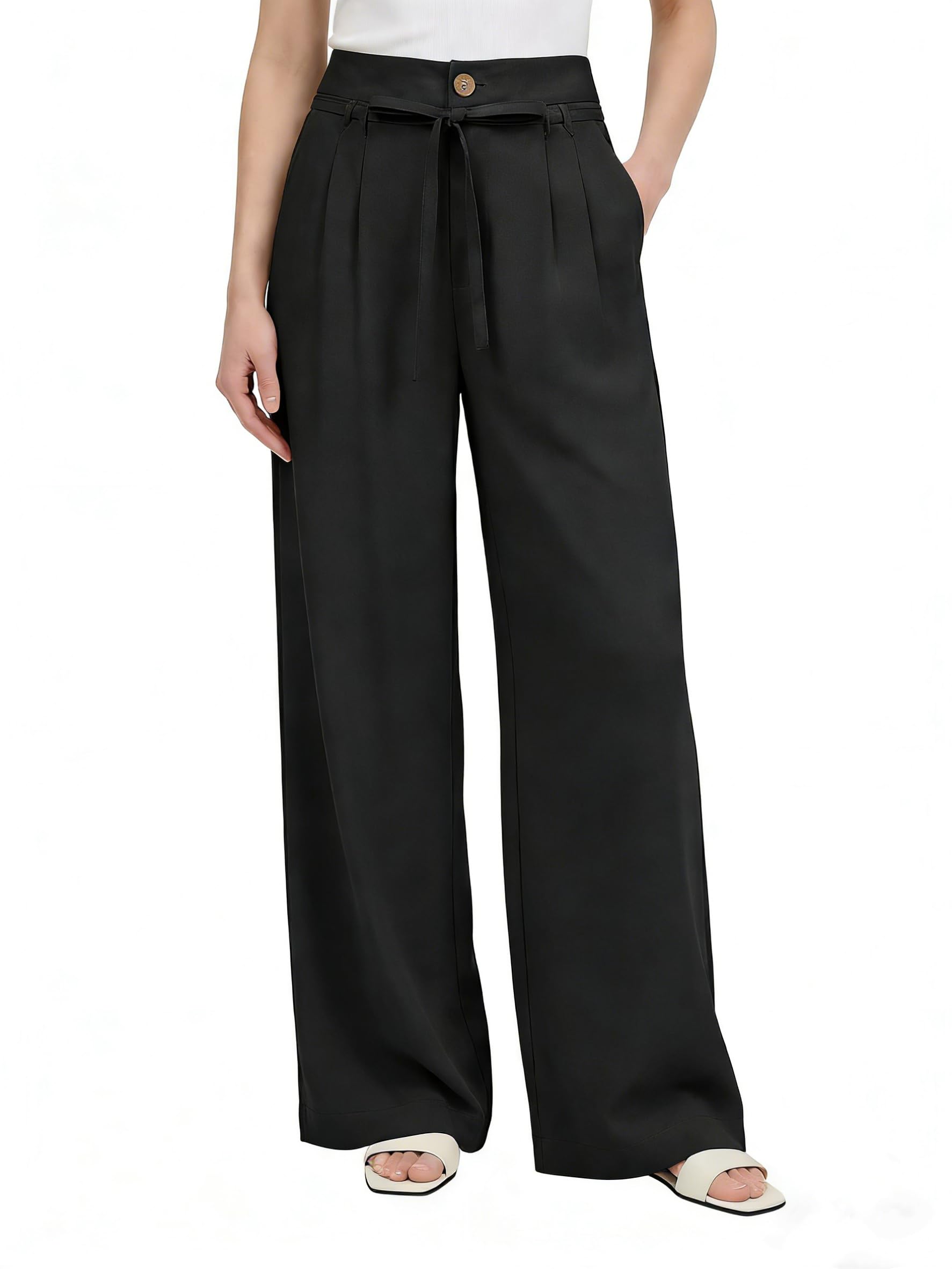 GRACE KARIN Pantalon Large en Lin pour Femme Pantalon d'été Business avec Taille élastiquée Poches et Ceinture