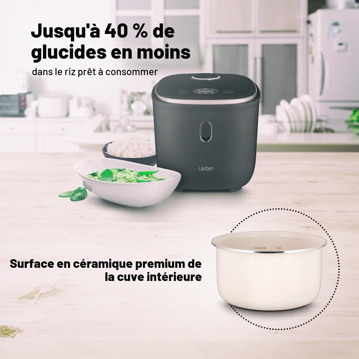 Lauben Low Sugar Rice Cooker Cuiseur à riz avec fonction Low-Sugar, volume de 3 l, 6 modes, démarrage différé, maintien au chaud, surface en céramique antiadhésive, passe au lave-vaisselle (Antracit)