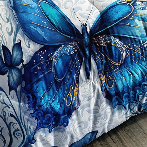 Image of AILONEN Beautiful Blue Butterfly Comforter Set Twin Size, Vintage Blue Flower Bedding Set for Kids Girls,Fly Butterflies Bed in a Bag All Season 3Pcs(1 Comforter + 2 Pillowcases)