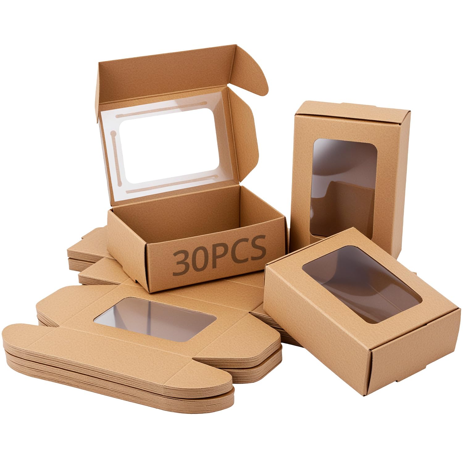 QWORK® 30 opakowań pudełek z papieru kraftowego z przezroczystym okienkiem z PCW, 85 x 60 x 30 mm, pudełko prezentowe na różne uroczystości