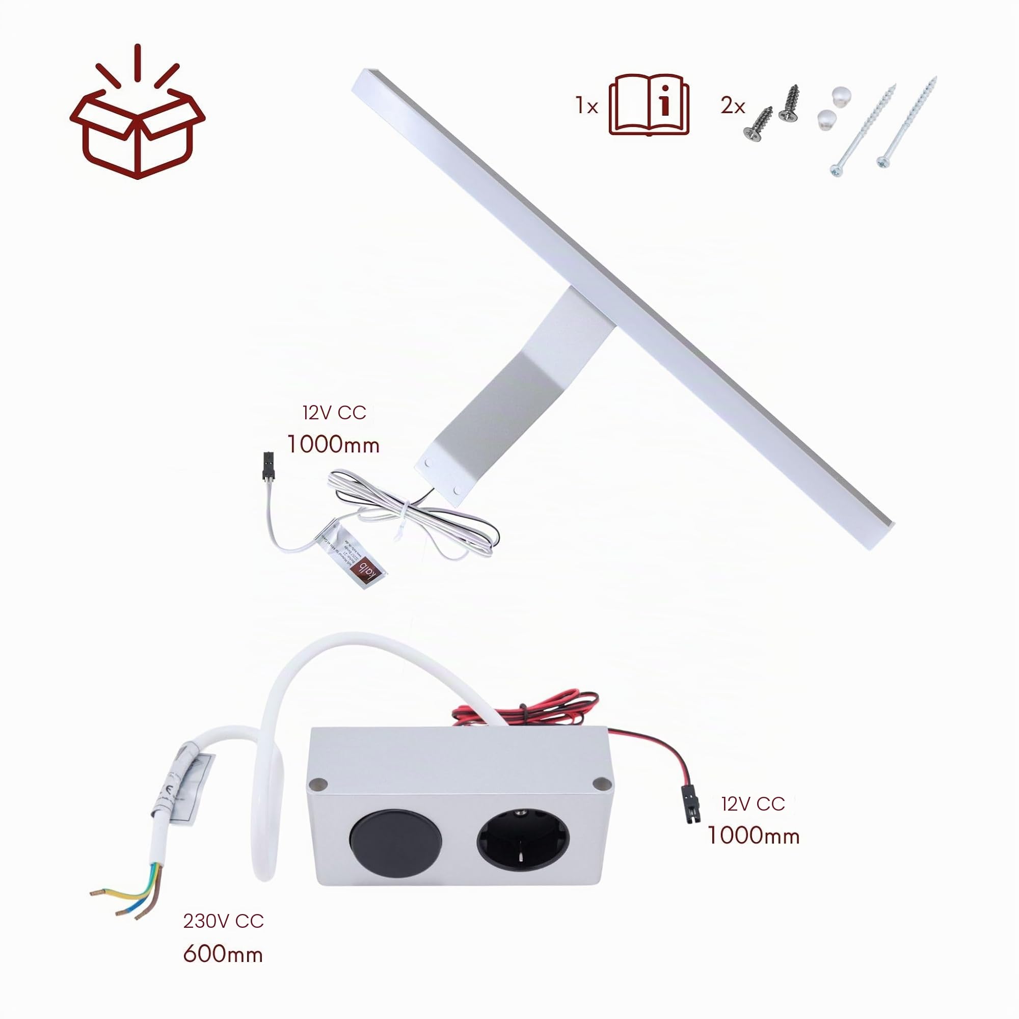 kalb | Lampada LED da specchio a montaggio esterno Lancea 34cm con presa e interruttore, 5000K, 470lm, 230VAC/12VDC, luce da specchio per pensile, argento, bianco freddo
