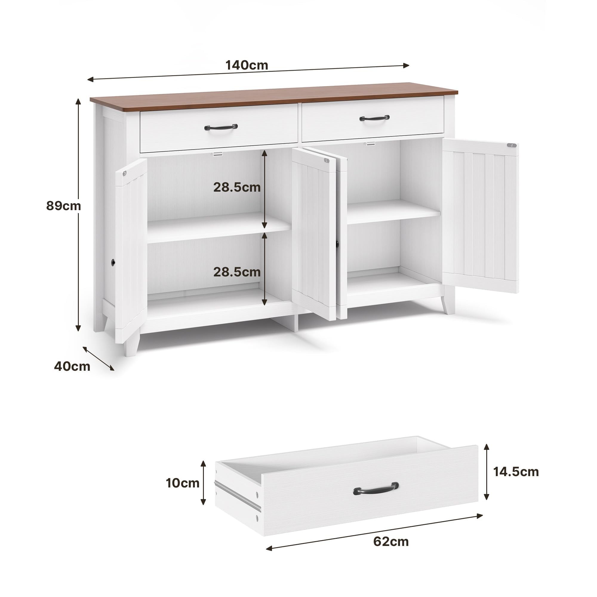 Credenza Cucina,Mobile da Cucina con Piano, con 4 Doors and 2 Drawers,per Soggiorno, Cucina, Sala da Pranzo,140 x 40 x 89CM,Retro