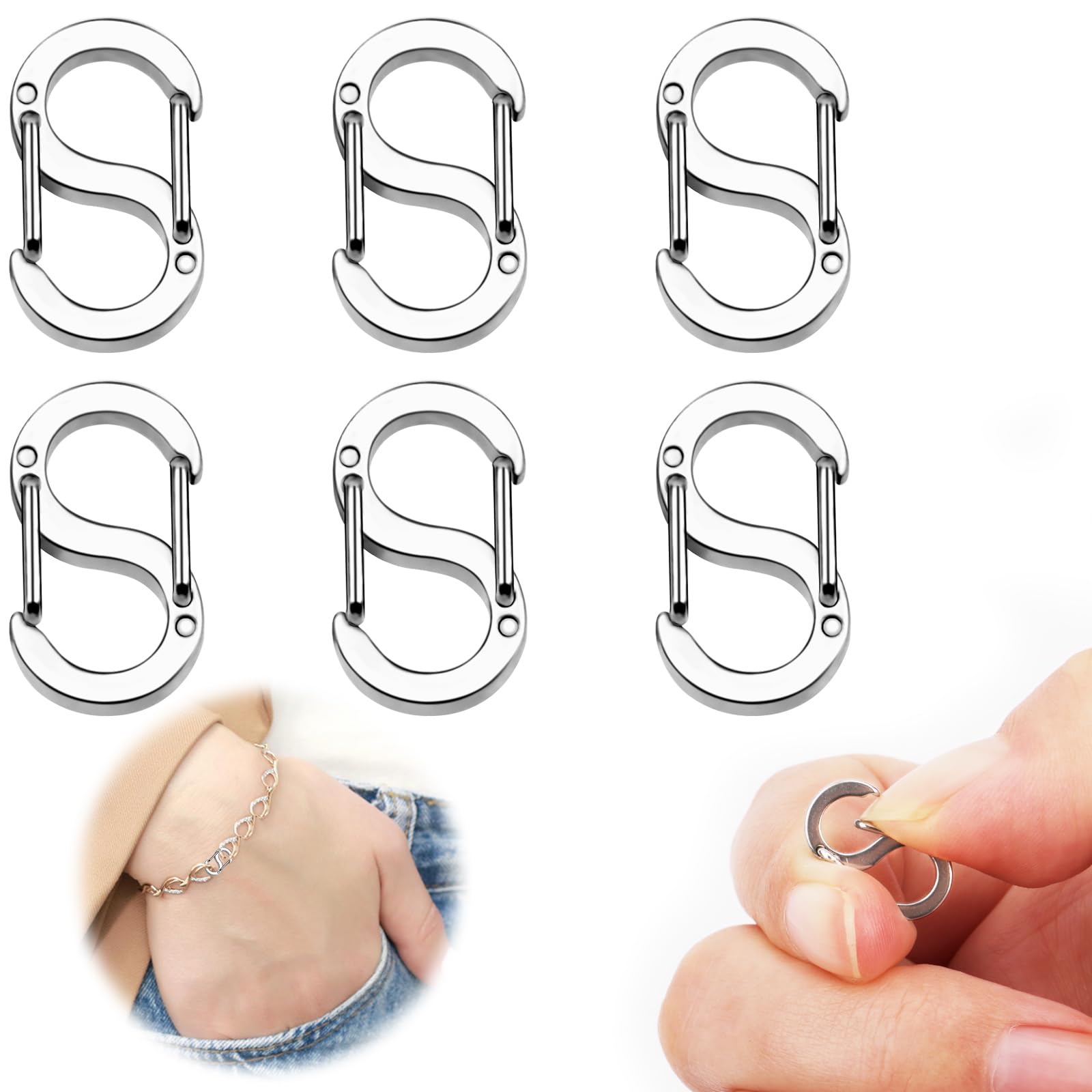 6 Pezzi Di Chiusure Per Bracciali A Moschettone: Mini Ganci In Acciaio Inox 304, Doppia Apertura, 11 E 16 Mm (Argento)