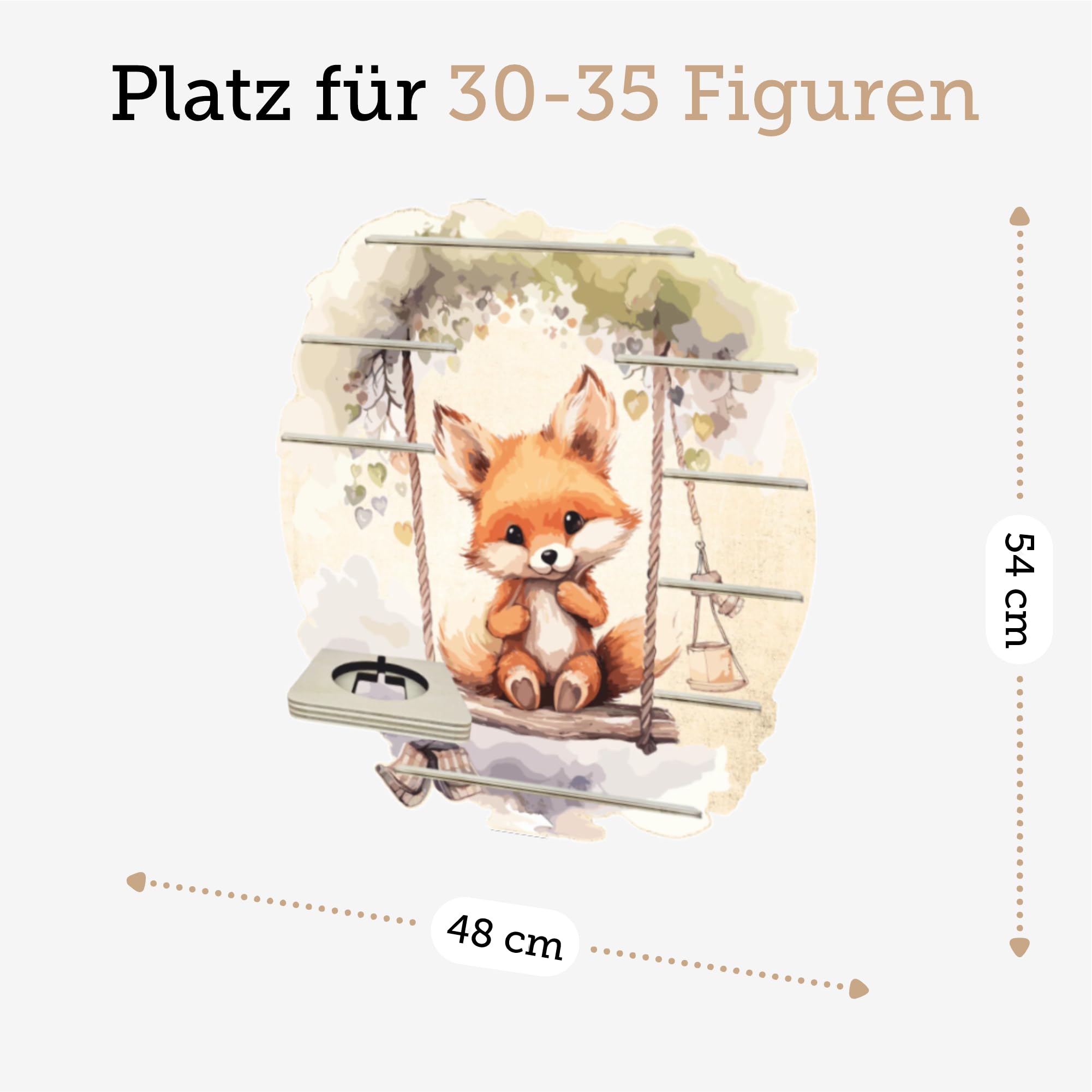 Farbklecks-Collection Tonie Regal Schaukelfuchs, Wandregal für bis zu 35 Hörfiguren, Maße 48 x 54 cm, mit speziellem Ablagefach kompatibel mit Toniebox, handgefertigt in Deutschland