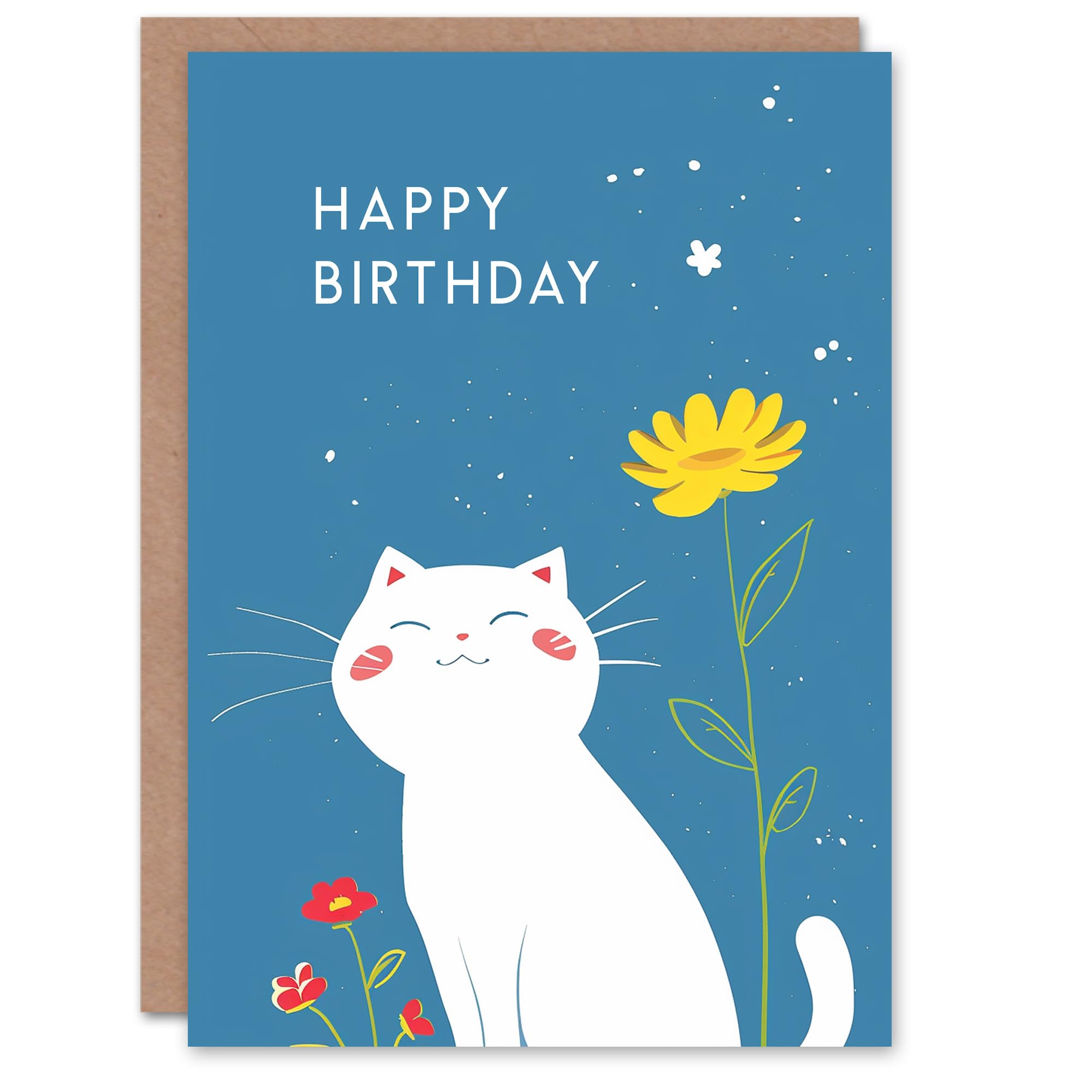 Artery8 Greeting Card - Cute Smiling Kawaii Kitty Floral - Blue