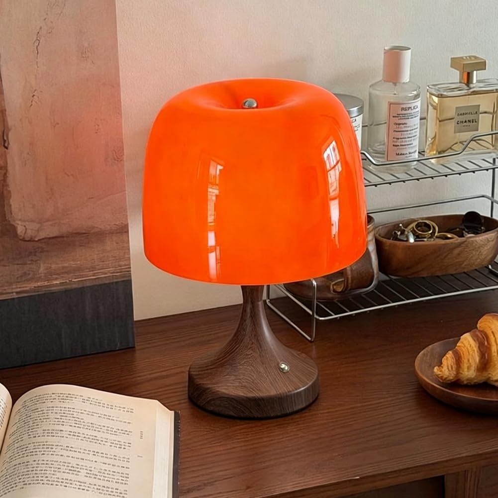 LED Orange Pilzlampe Akku Kabellose Tischlampe Pilz Glas Lampenschirm Batteriebetriebene Pilz Lampe USB Aufladung Innen 3 Helligkeitsstufen Tischleuchte USB Wiederaufladbarem Wohnzimmerlampe