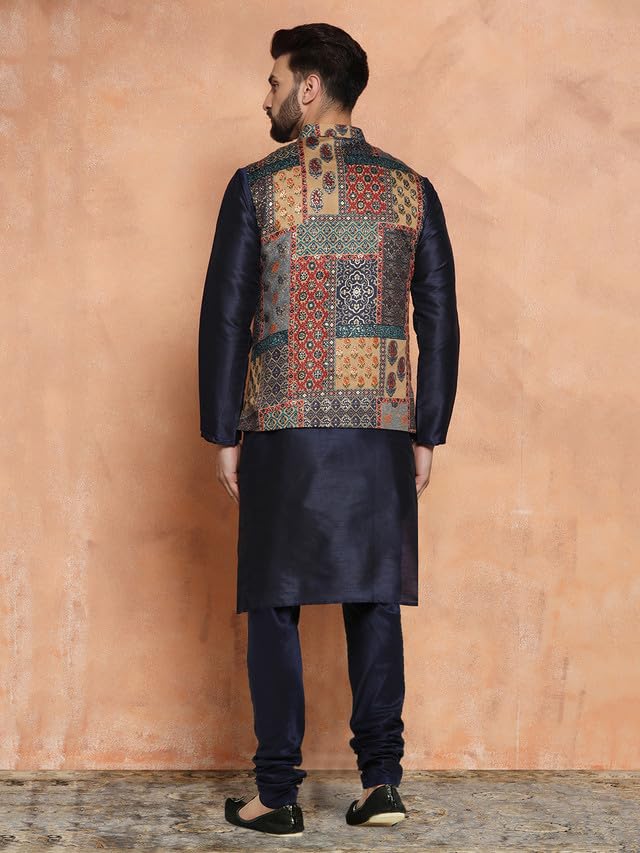Image of KISAH Men's Ethnic Wear Regular Fit Cotton Blend Printed Kurta Churidar and Jacket Set