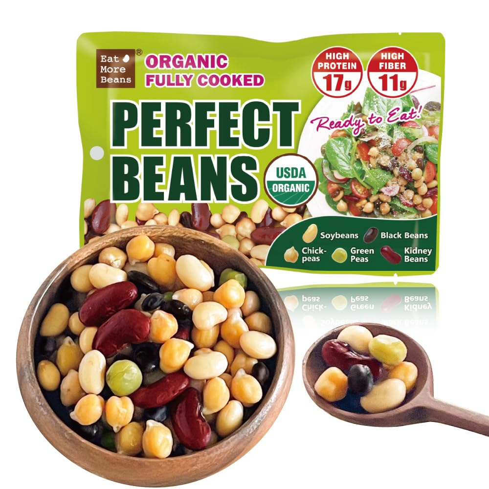 【Eat More Beans】Organic Fully Cooked Perfect Beans - Economy Pack, USDA Vegan Vegetarian Healthy Food- Variety of Organic Edamame, Chickpea, Black Beans, Green Peas, Kidney Beans (12 Packs, 5 oz)