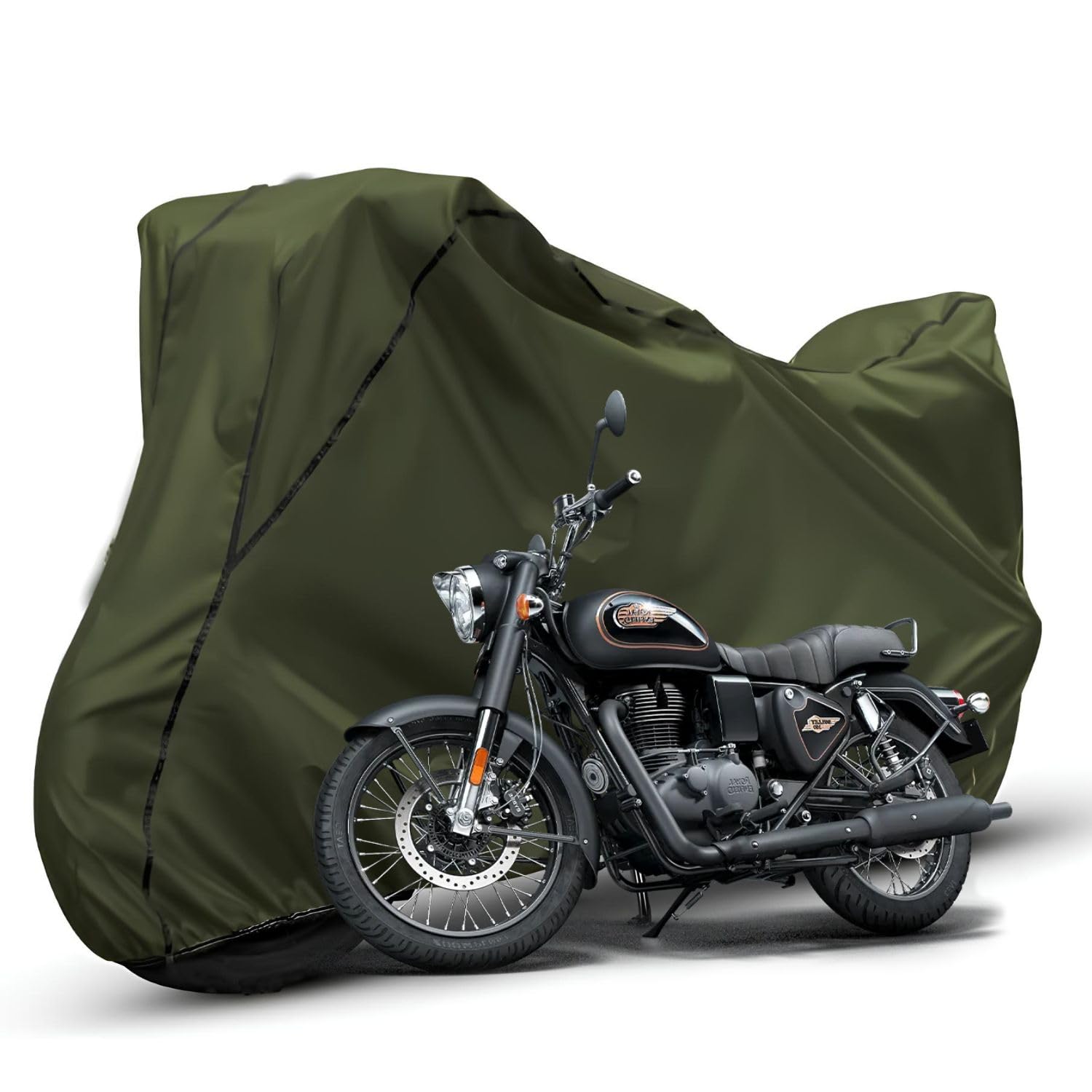 Waterproof Bike Body Cover Compatible with RE Bullet Dustproof Scratchproof - Motorcycle Cover for Two Wheeler, Outdoor Full Cover with UV, Duty, Rain Protection (Olive with Black)-image-26