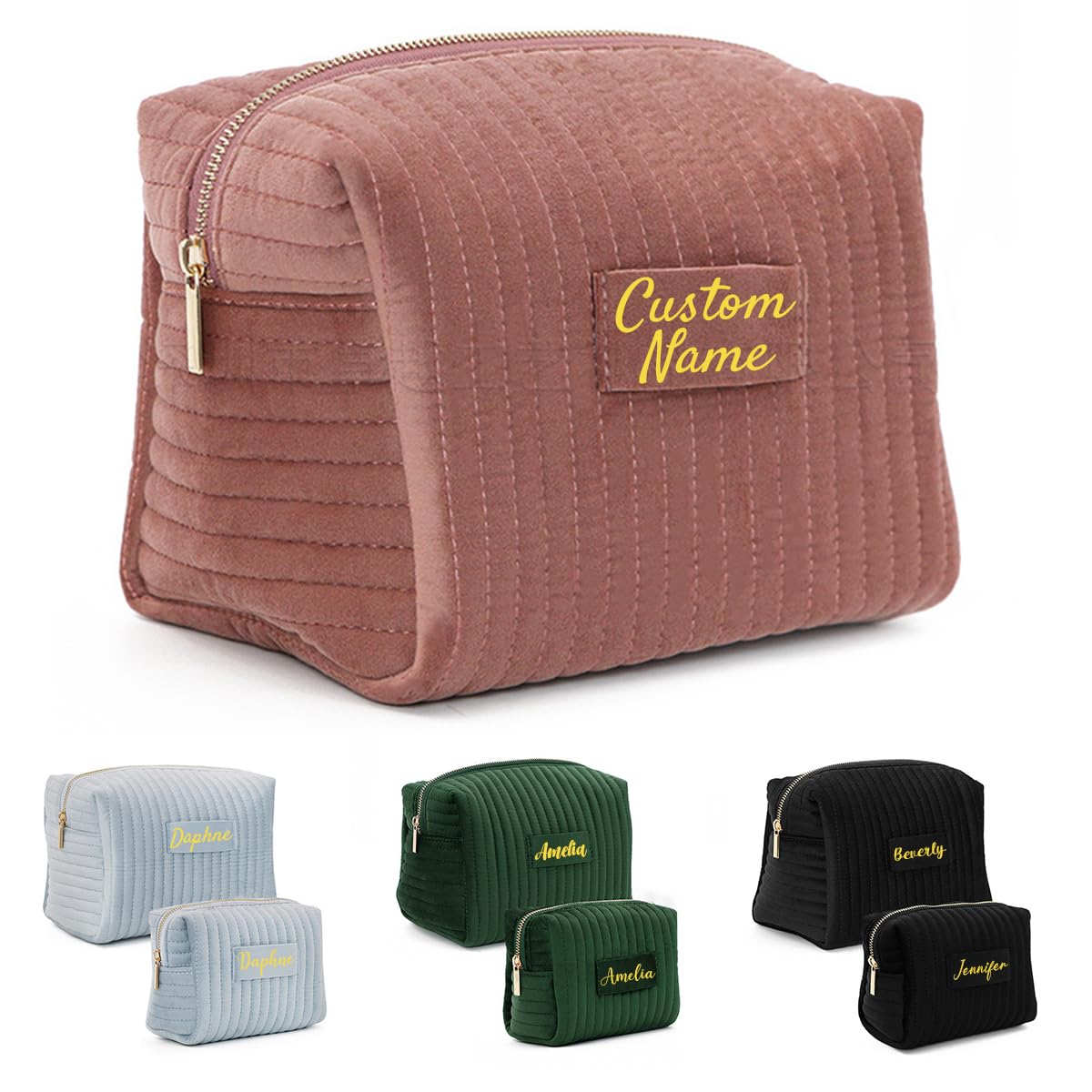 Custom Name Makeup Bag Personalized Travel Cosmetic Bag for Women Girls Portable Large Capacity Velvet Make Up Pouch Toiletry Case Organizer Gift for Mother's Day Wedding Birthday,Pink Black Blue