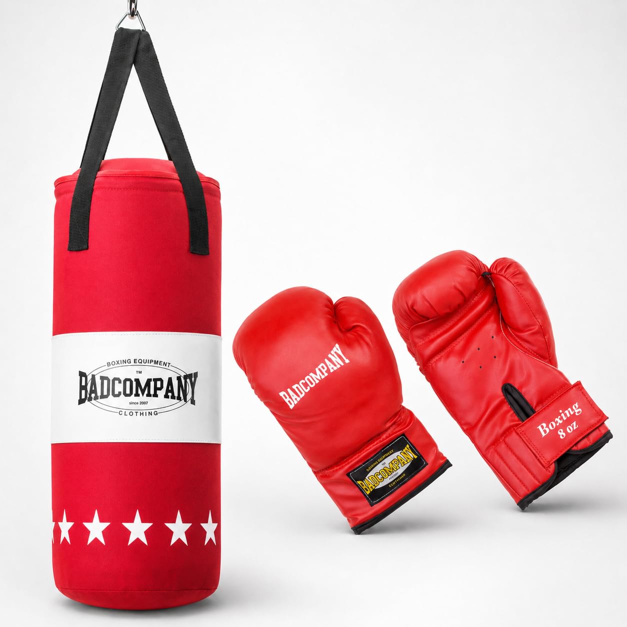 Bad Company Kit de boxe pour enfants et adolescents jusqu'à 12 ans - Sac de frappe avec suspension de 55 x 25 cm et gants de boxe pour enfants de 8 oz - Sac de frappe suspendu pour enfants