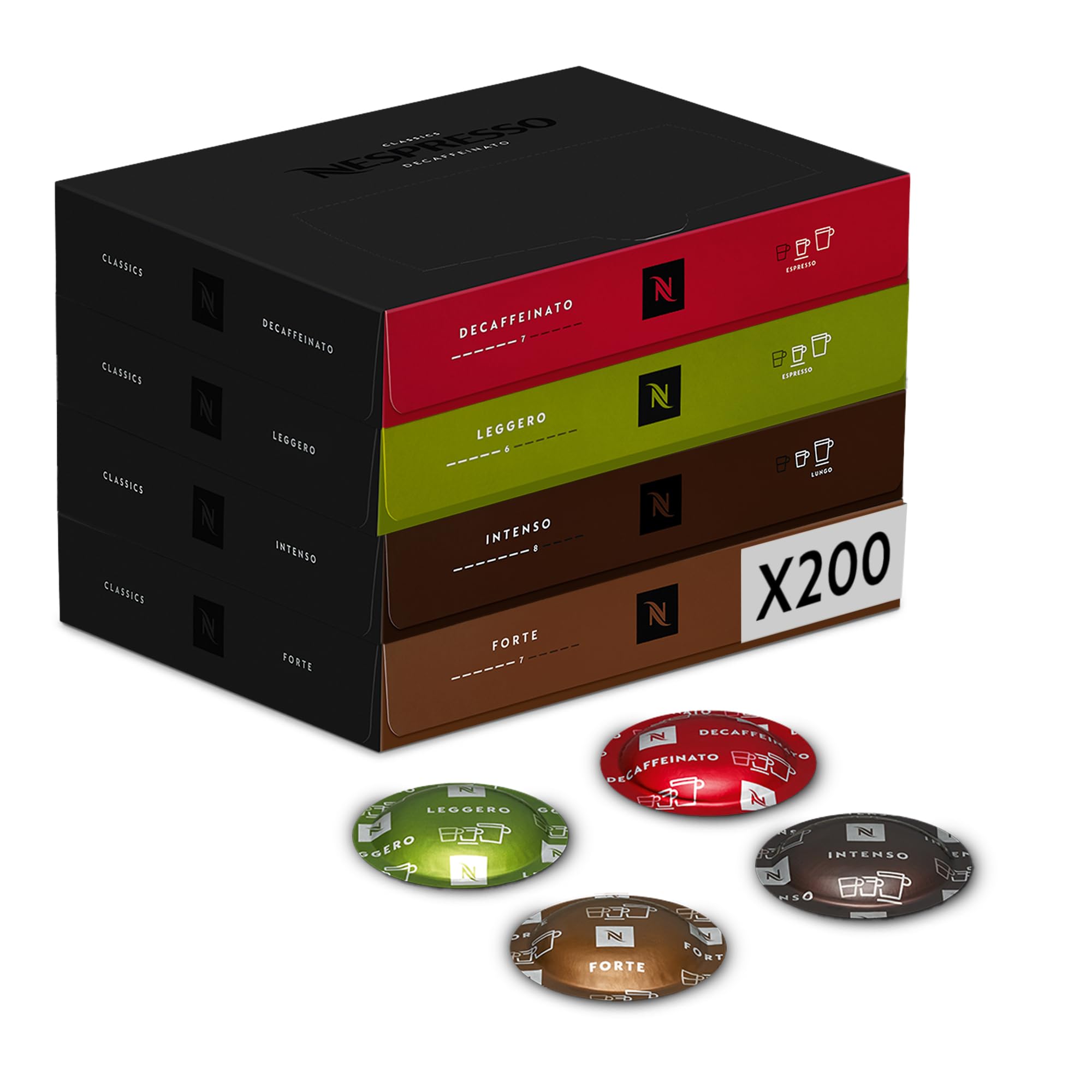 Nespresso Professionnel - Bundle 200 Capsules cafés - Classic Variété Pack : 50x Forte / 50x Intense / 50x Leggero / 50x Decaffeinato - Adapté aux professionnels