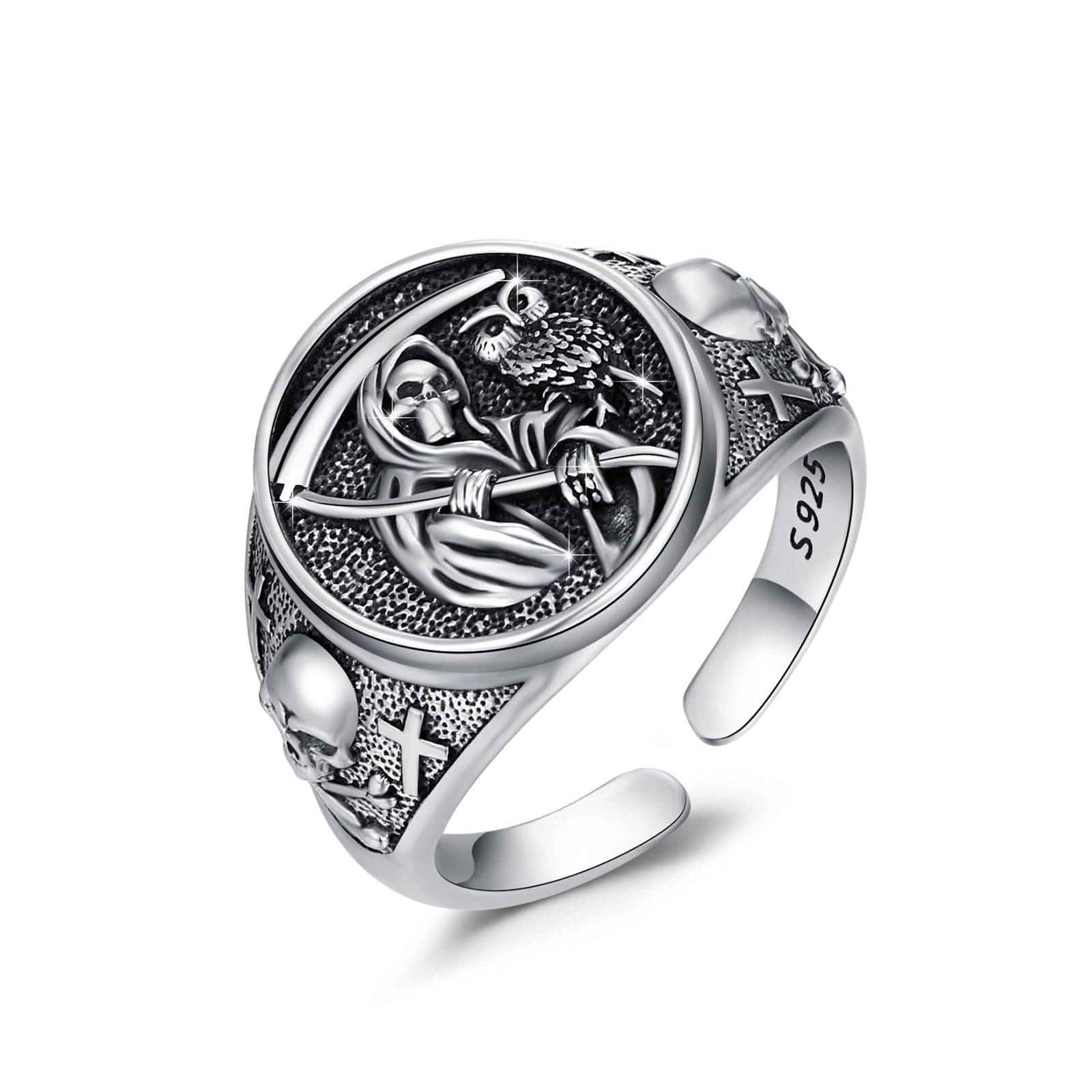 Waysles Anillo de plata de ley 925, diseño de búho y parca, diseño de calavera y amuleto de Santa Muerte, Innendurchmesser: 19,1 mm/0,75 Zoll, Plata de ley, Sin piedras preciosas