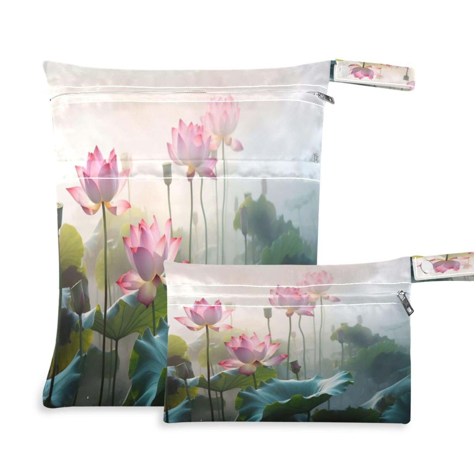 ATTX Dreamlike Lotus Plants Wet Dry Bags 2-Pack - Reusable Cloth Diaper Storage for Travel, Beach & Gym | Multi-Use Waterproof Bags for Swimsuits, Baby Clothes, Sports Gear#524