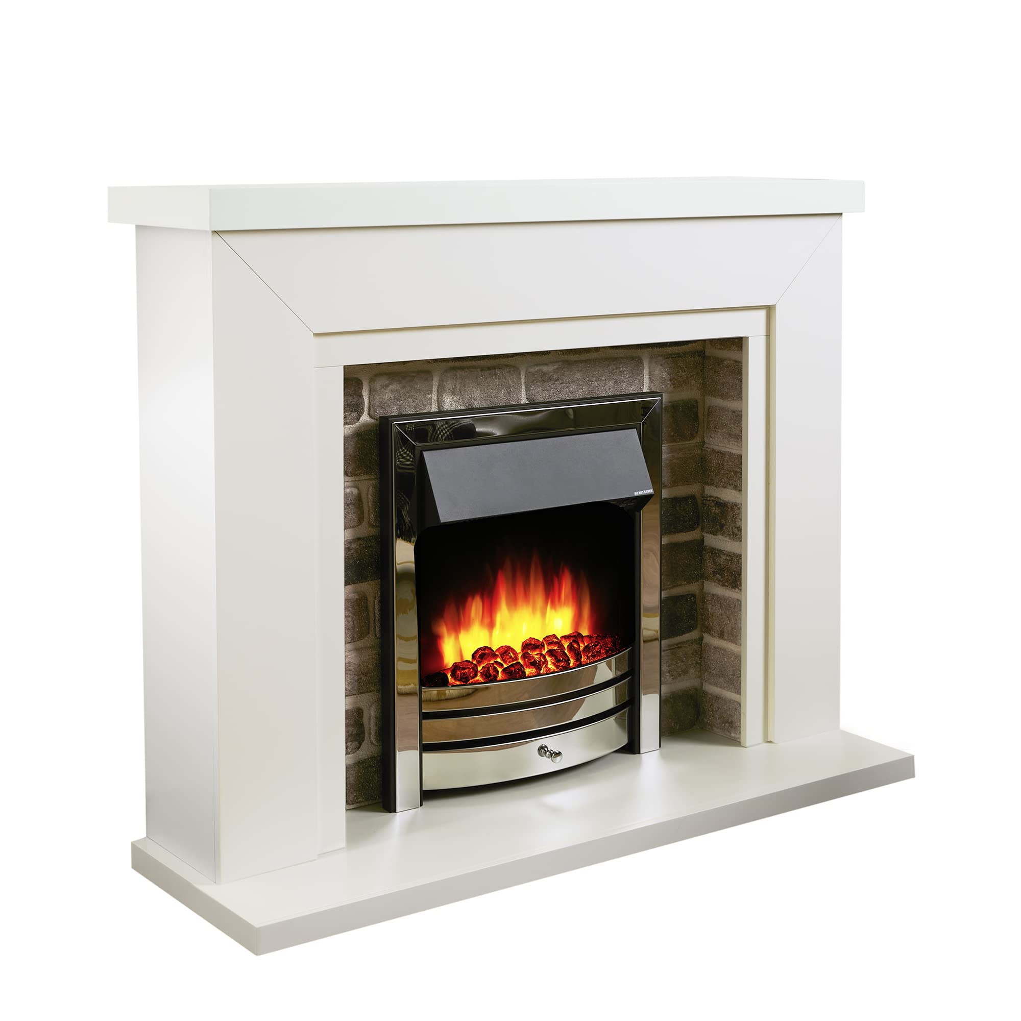 Endeavour Fires Flamborough 48” Electric Fireplace Suite with Surround, Realistic Flame Effect, 1–2kW Eco Heater, 7-Day Programmable Remote & 3D Brick Back Panel (White Top/Chrome Fire)