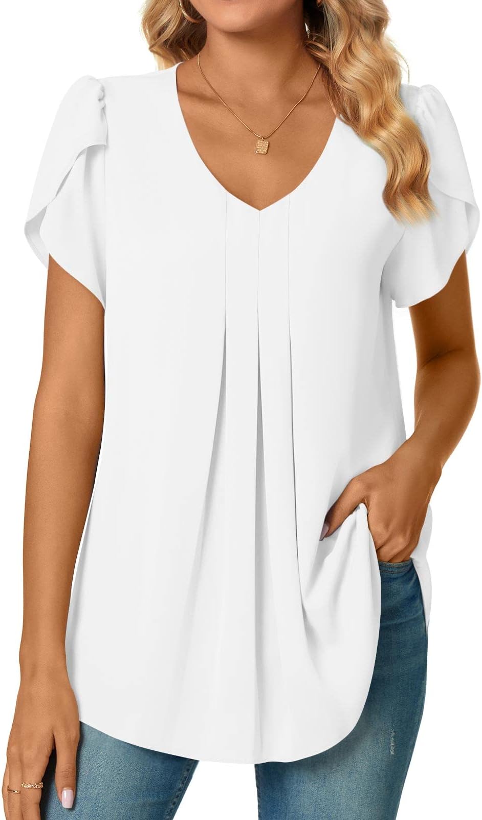 BestbeeLadie's Summer Tops, Dressy Chiffon Blouses Pleated Shirts Petal Short Sleeve Tunic Tops V-Neck Casual T-Shirts