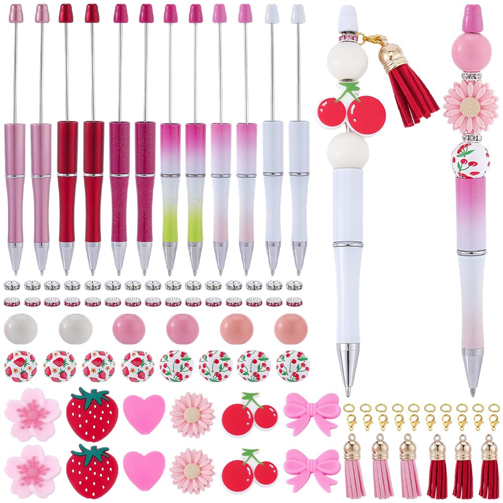 BEAMARKER 206Pcs DIY Beadable Pens Kit Plastic Black Ink Ballpoint Beaded Pen with Strawberry Cherry Flower Silicone Focal Beads Assorted Spacer Beads Tassel Lobster Clasp for Office School Supplies