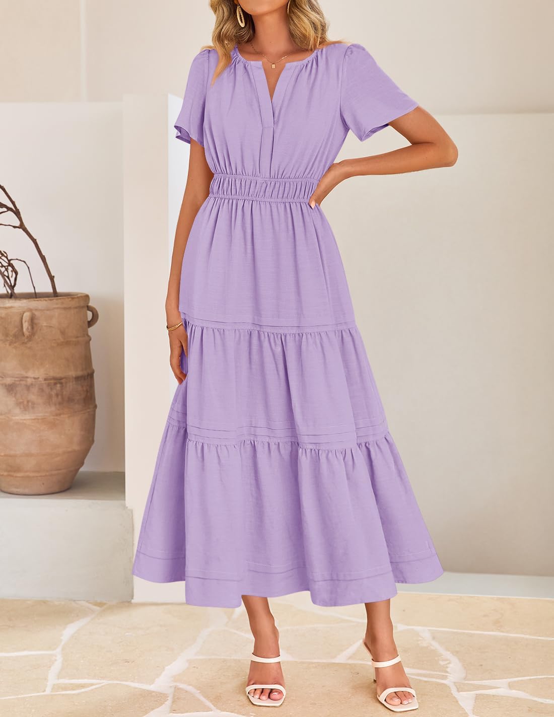 ZESICA Women's Summer Casual Short Sleeve Midi Dresses 2026 V Neck Elastic Waist Tiered Flowy Boho Dress with Pocket - Image 3