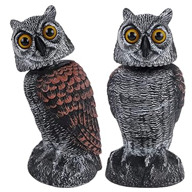 AMAZON - Hausse 2 Pack Bird Scarecrow Fake Owl Decoy Sculpture, Rotating Head Plastic Owl Bird Deterrents, 10.6 Inch Height Nature Enemy Horned Pest Repellent for Outdoor Garden Yard